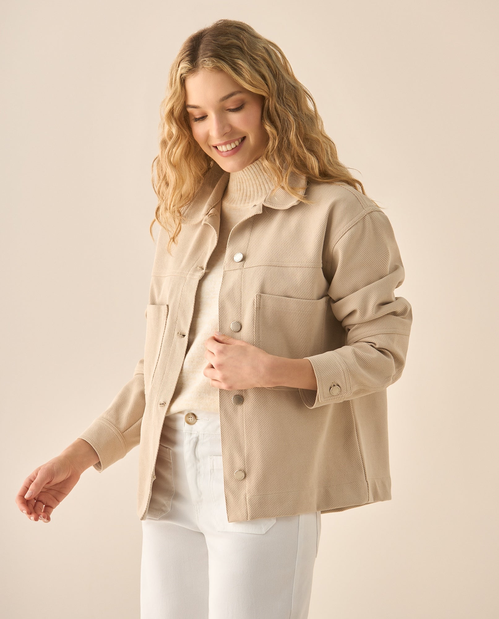 Chaqueta de tela con textura y cuello clásico para mujer  - Beige 34_623G001_BEI161105_0
