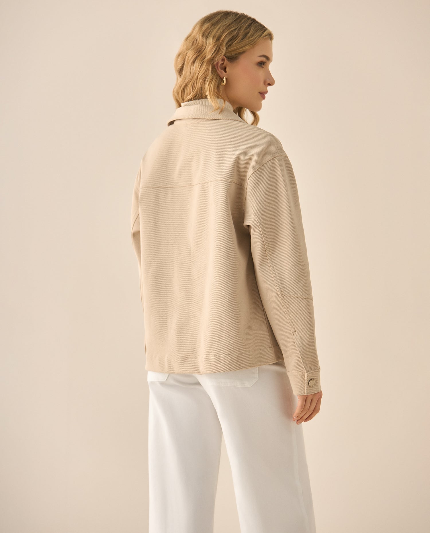 Chaqueta de tela con textura y cuello clásico para mujer  - Beige