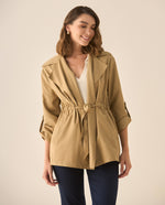 Chaqueta tipo abrigo con cinturón ajustable para mujer - Café