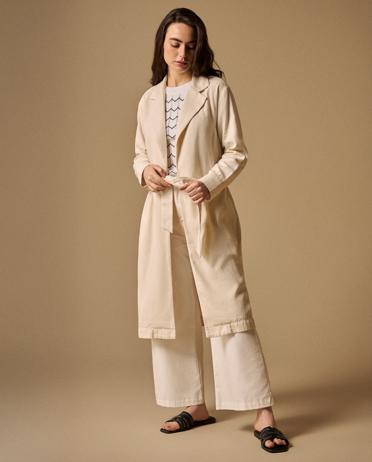 Chaqueta Larga con Cinturón Blanco Celaje - Blanco