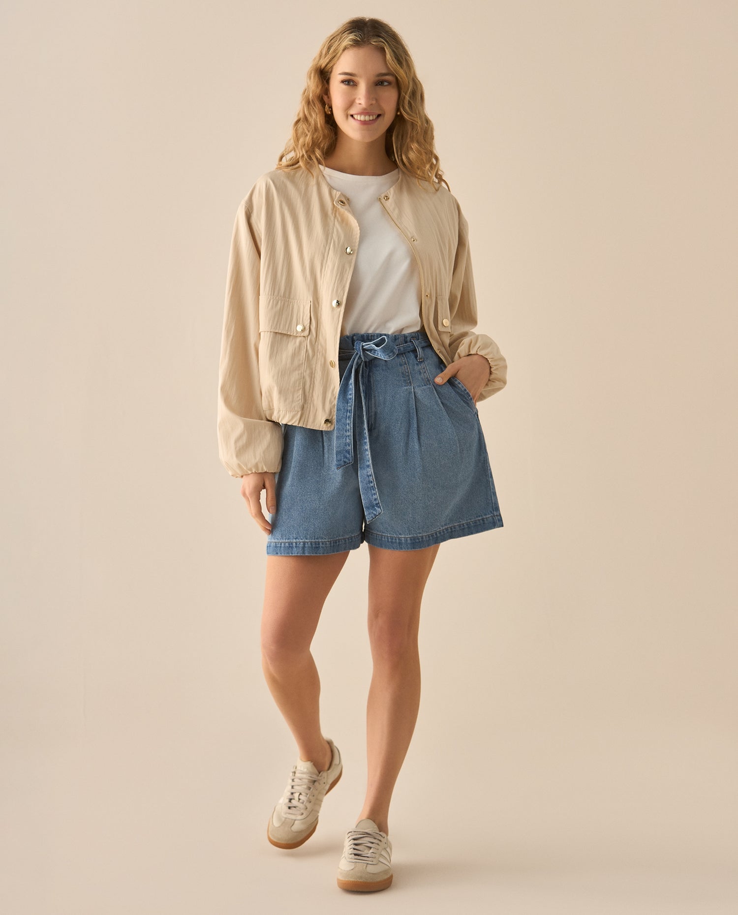 Chaqueta abierta de cuello redondo para mujer - Beige