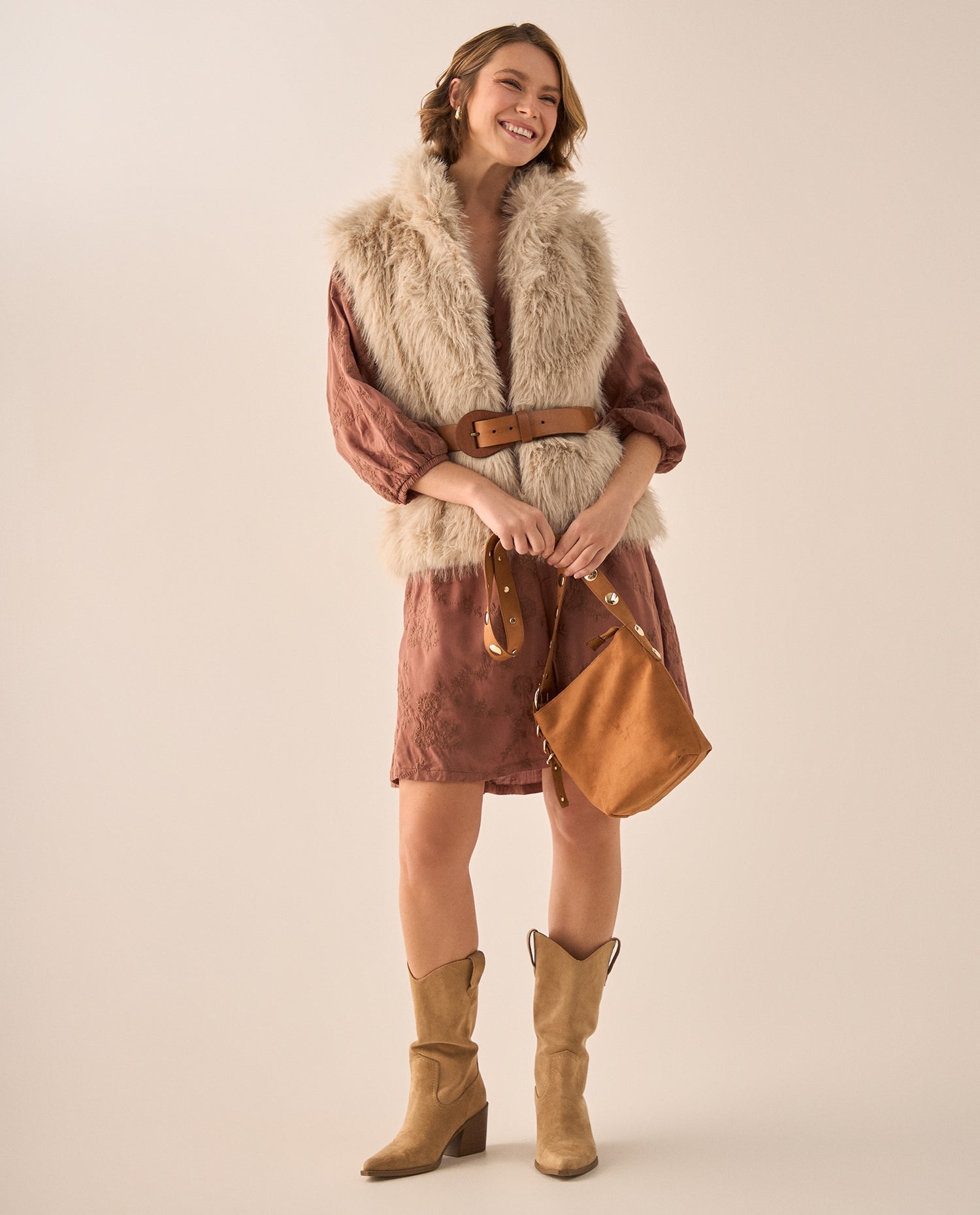 Chaleco Texturizado con Cinturón - Beige