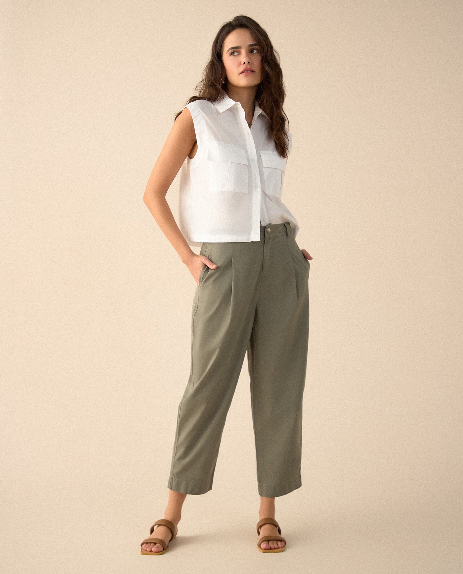 Pantalón clásico con bolsillos de ribete para mujer - Verde