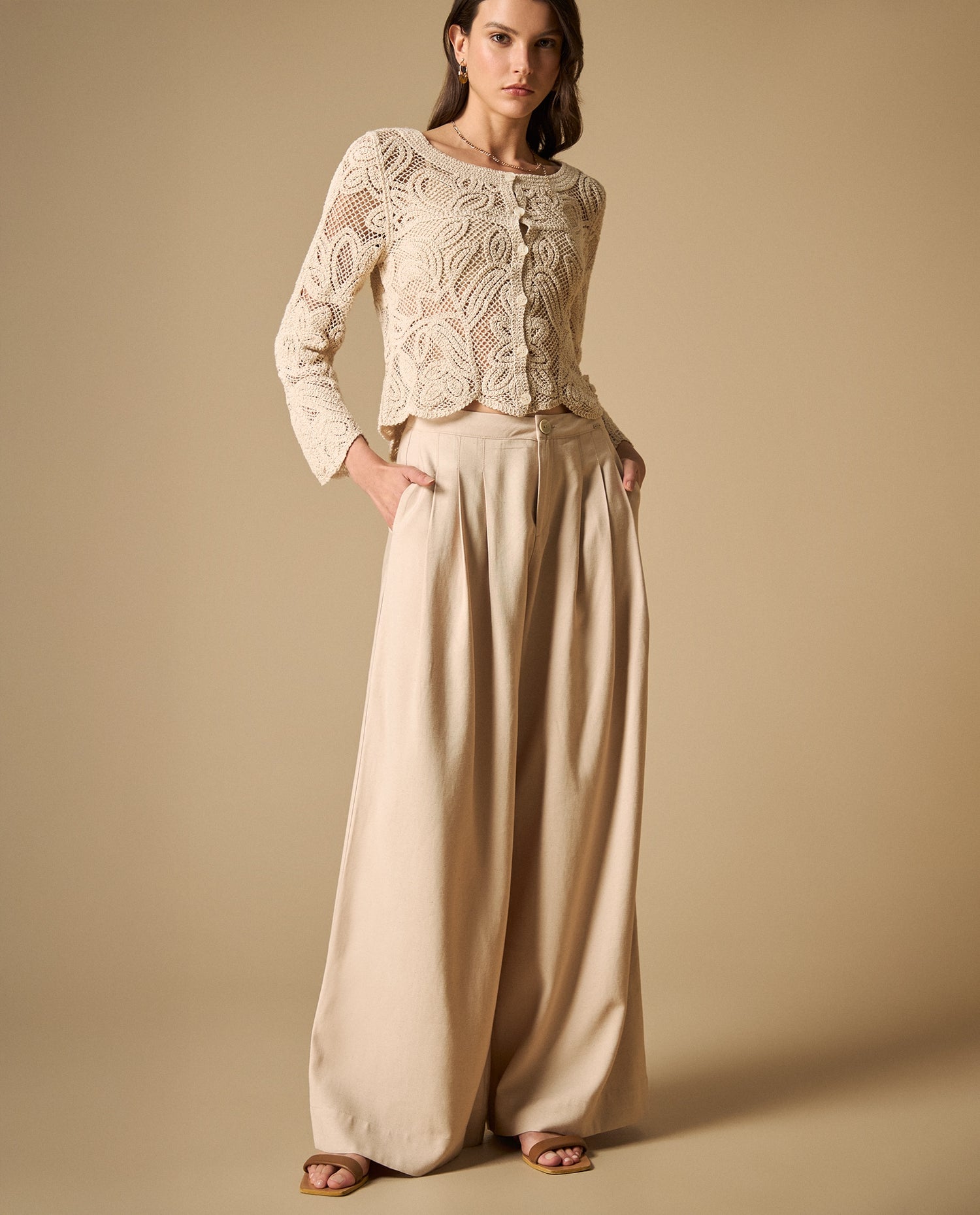 Pantalón con prenses largo tobillero - Beige