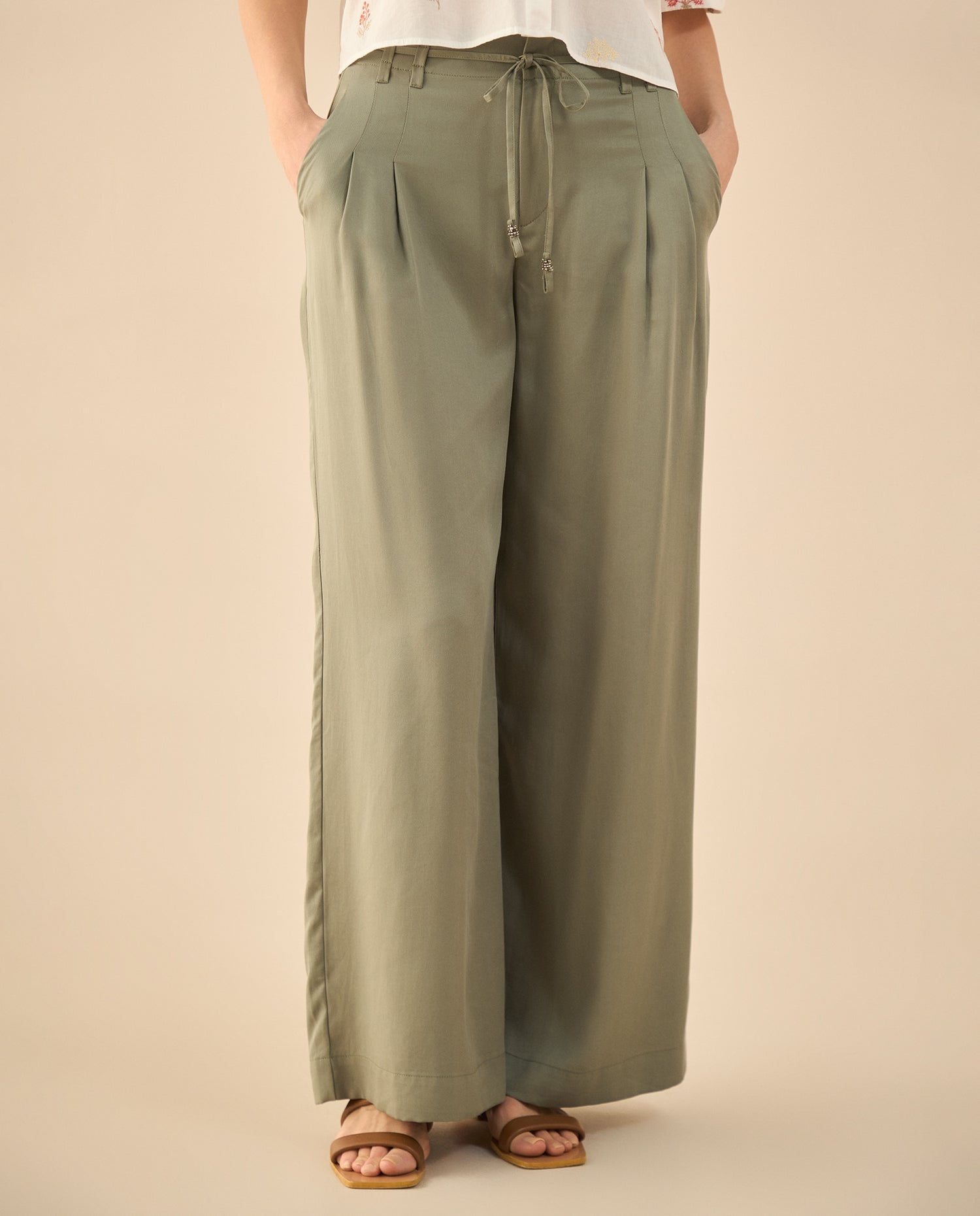 Pantalón de cordón ajustable en cintura para mujer - Verde