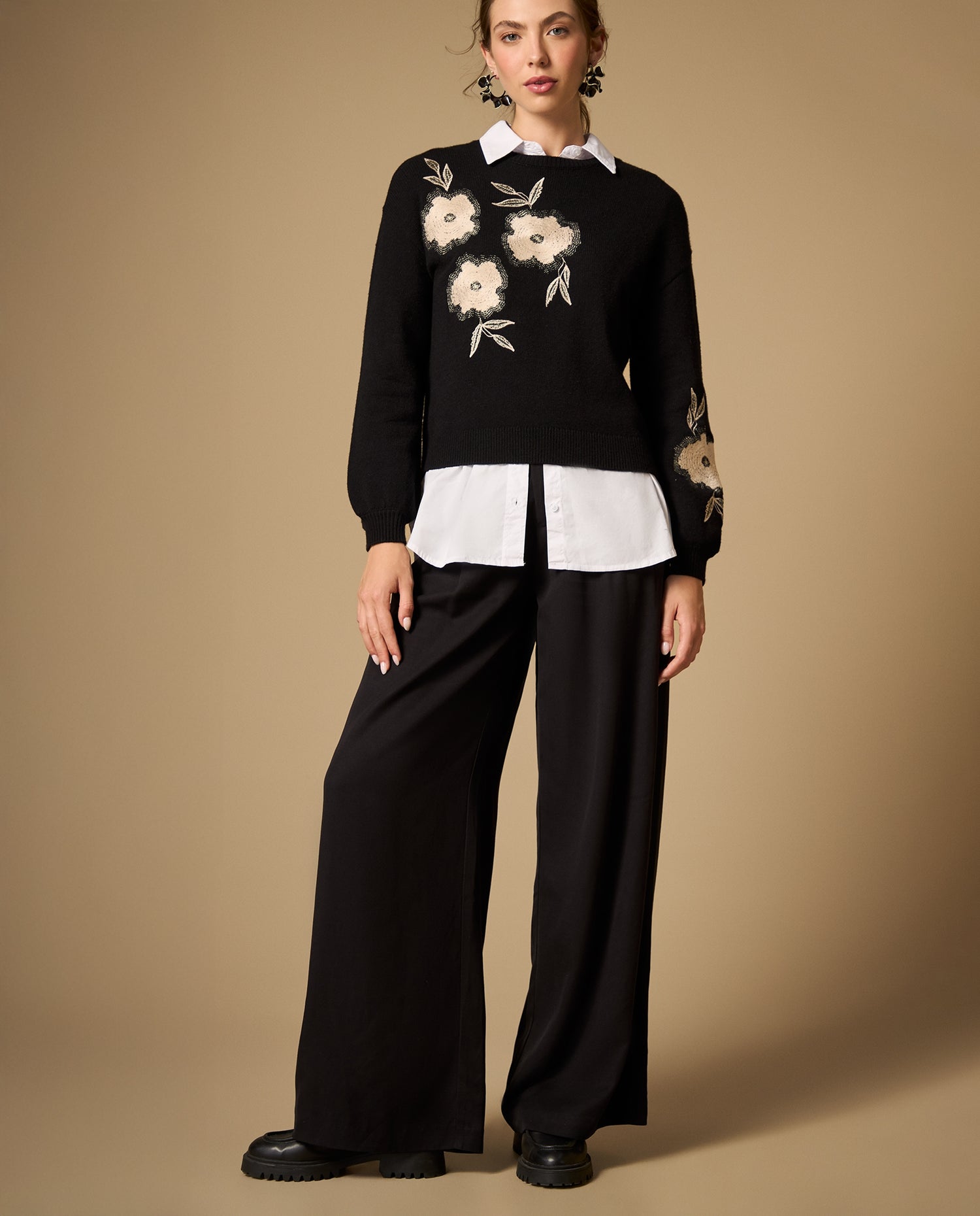 Pantalón palazzo tobillero de caída fluida - Negro