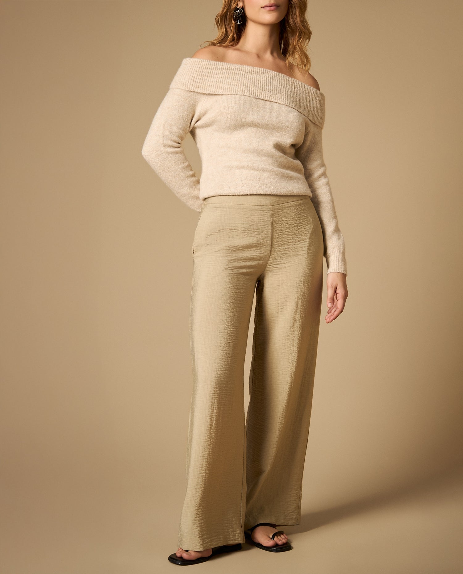 Pantalón silueta recta tejido fluido - Beige