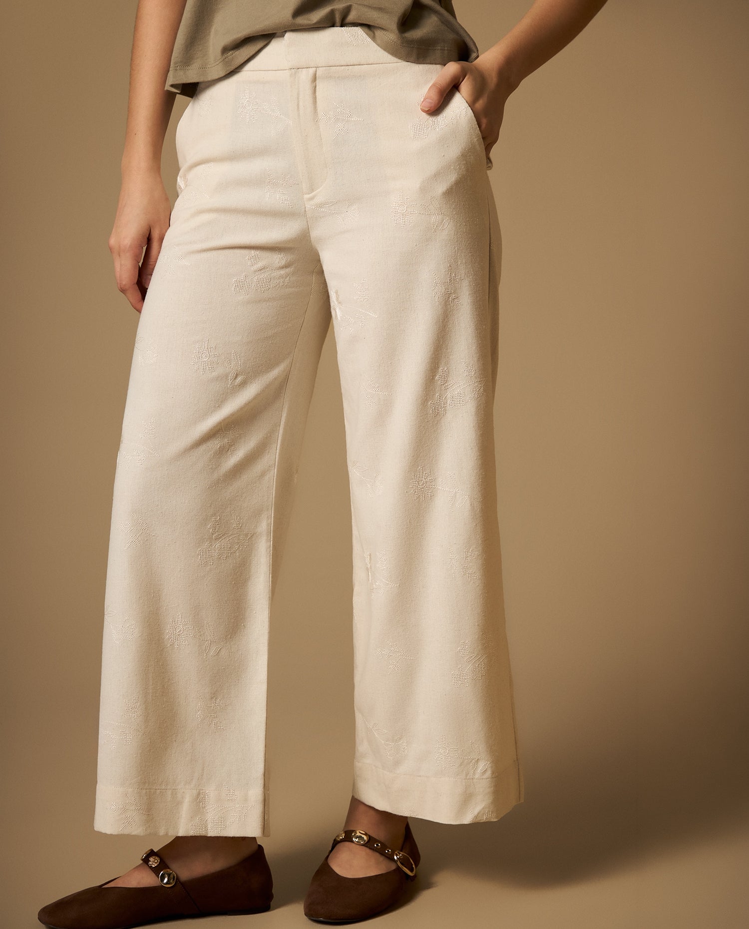Pantalón culotte largo capri con mezcla de lino - Crudo