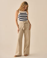 Pantalón recto con cinturon a juego para mujer  - Crudo