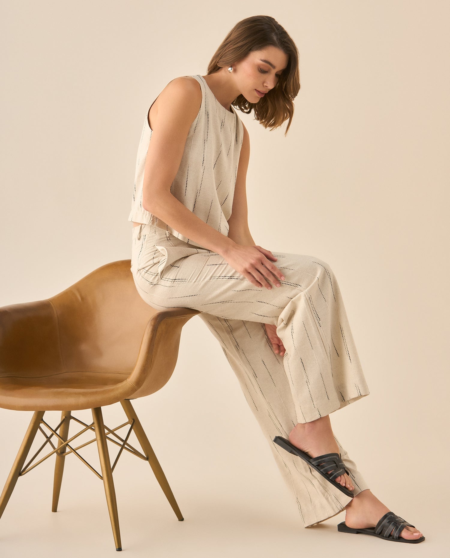Pantalón recto con rayas para mujer  - Blanco
