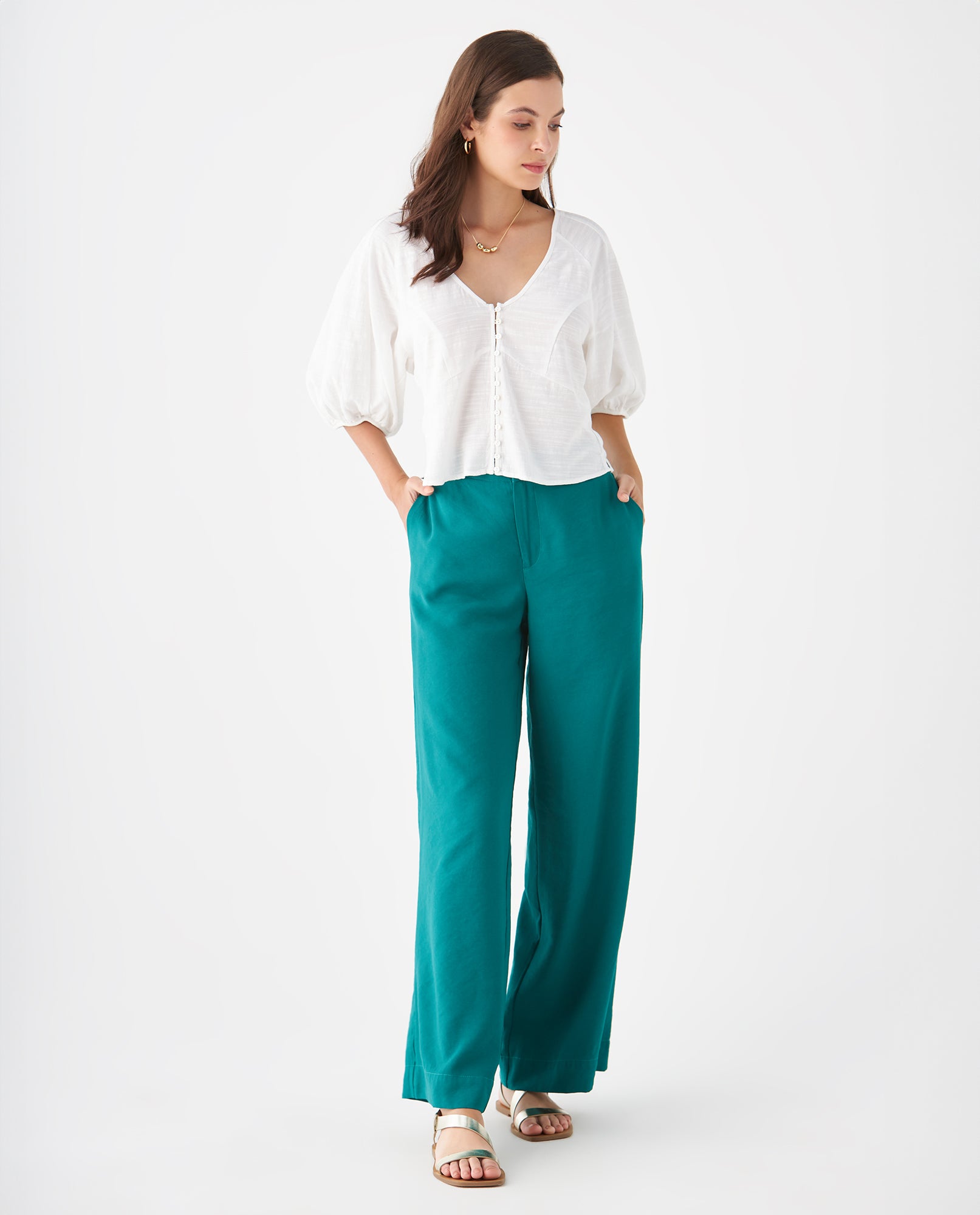 Pantalón de tela fluida para mujer - Verde 34_639F013_VER195420_0