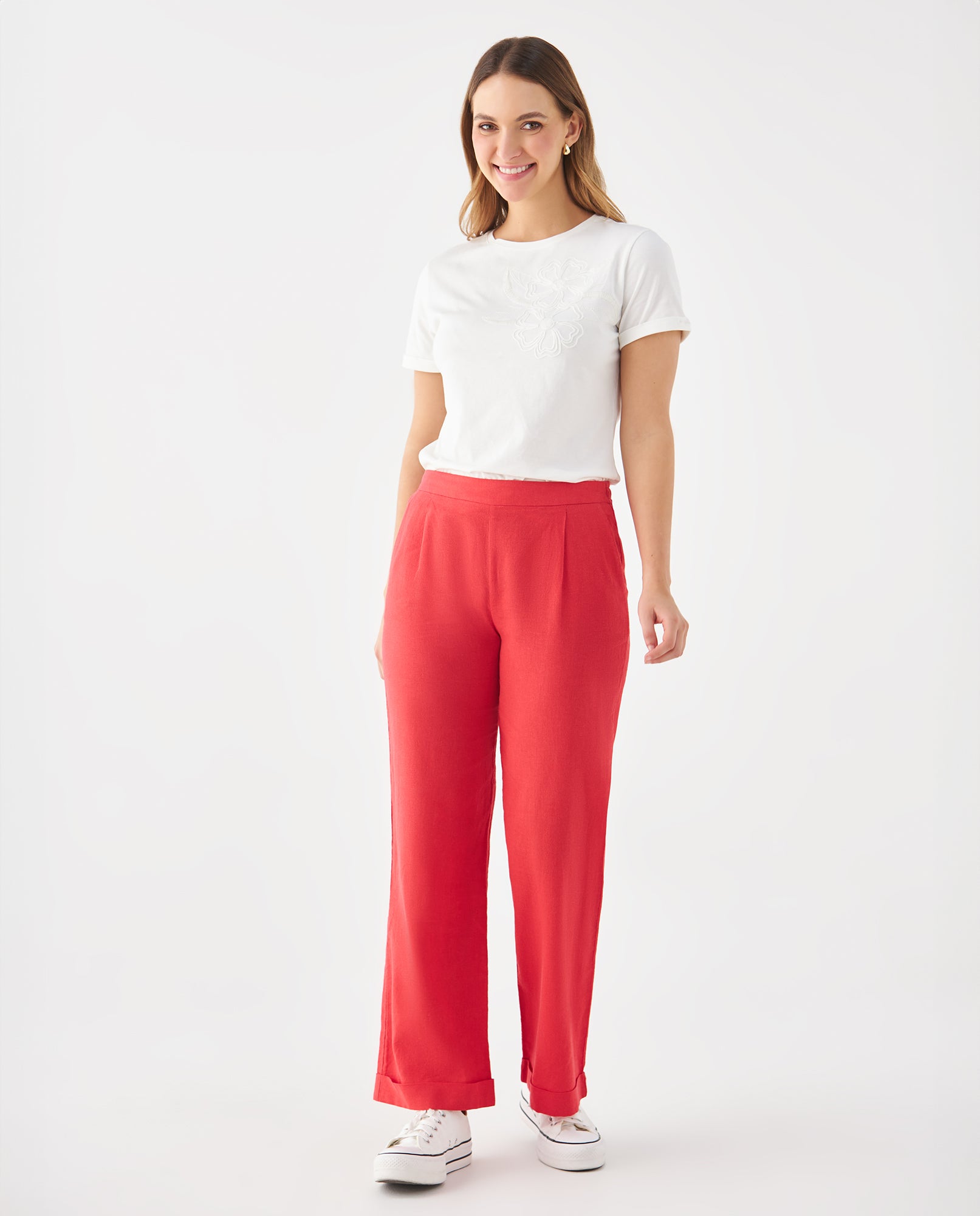 Pantalón de tela fluida para mujer - Rojo 34_639F018_ROJ191763_0