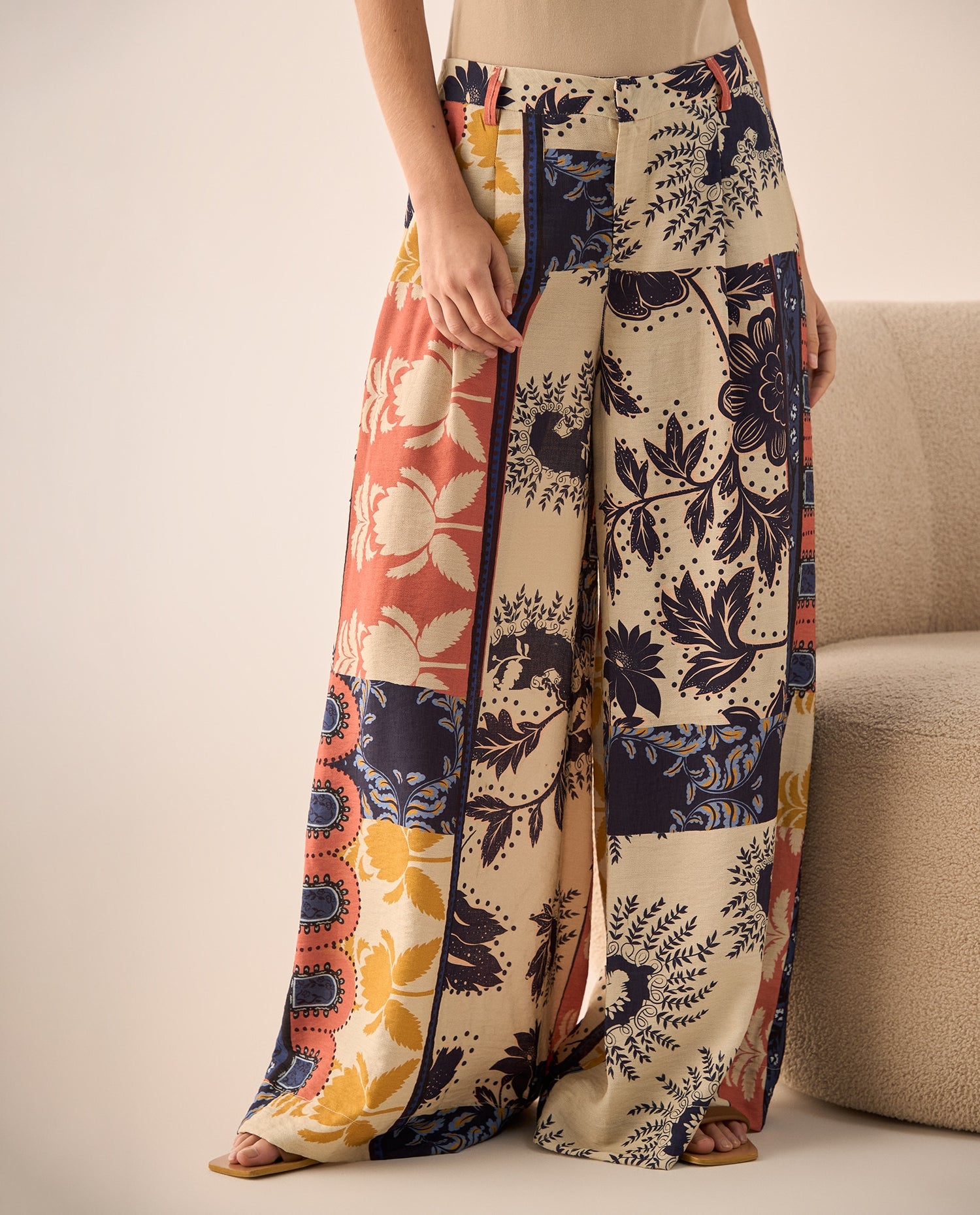 Pantalón Wide Leg Patchwork Multicolor - Blanco