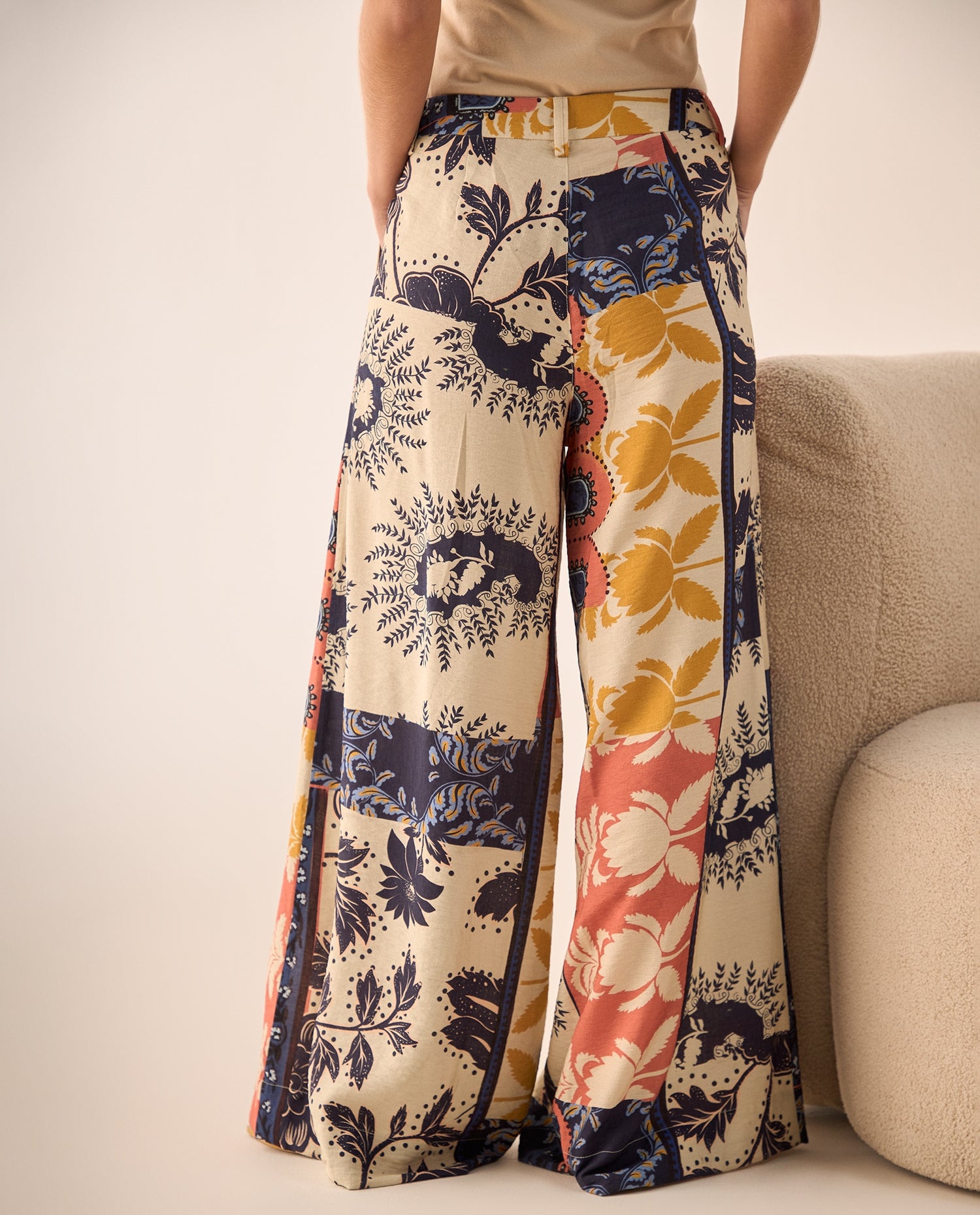Pantalón Wide Leg Patchwork Multicolor - Blanco
