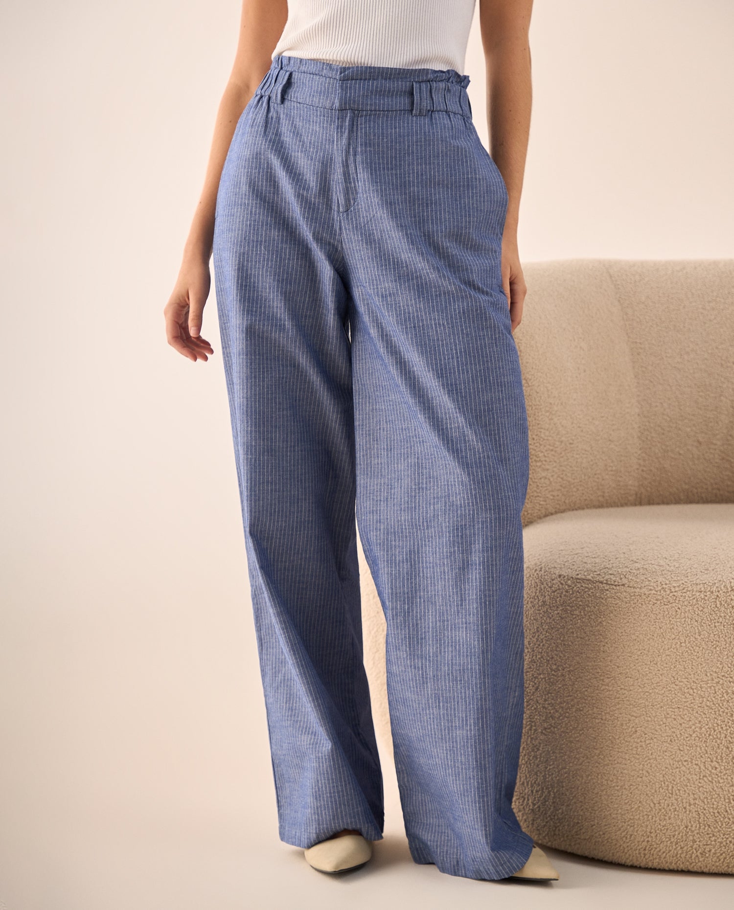Pantalón Wide Leg con Rayas Verticales - Azul