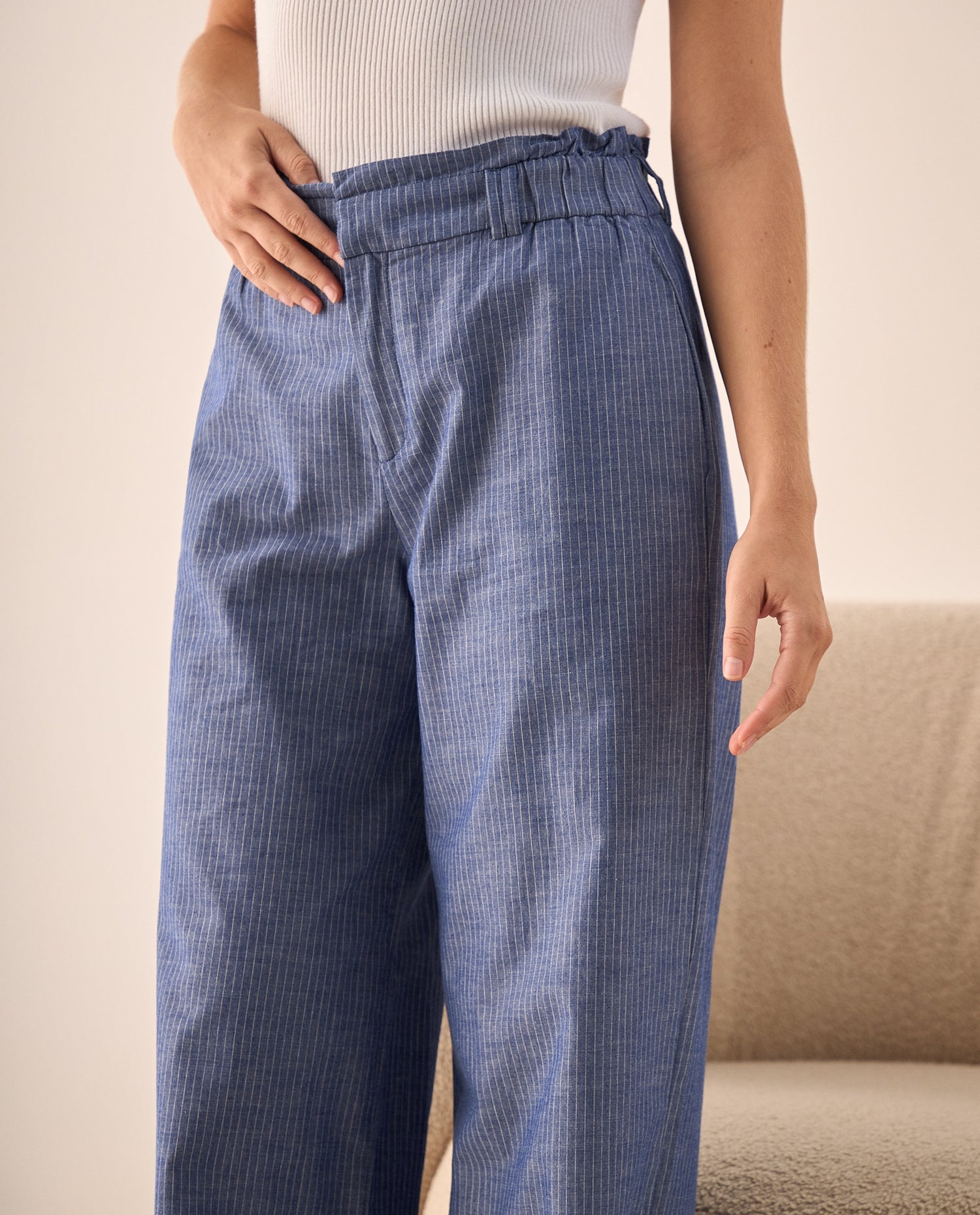 Pantalón Wide Leg con Rayas Verticales - Azul