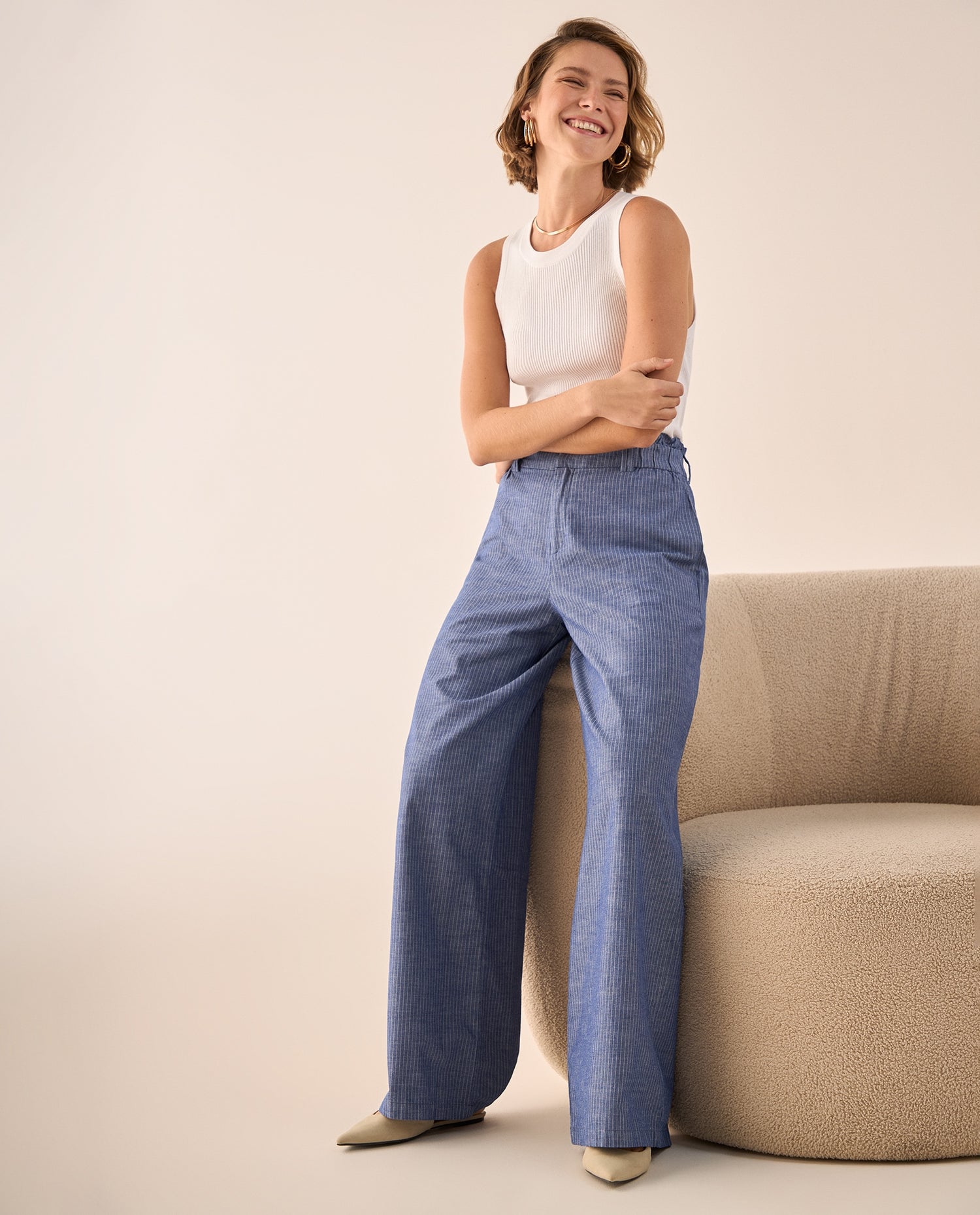 Pantalón Wide Leg con Rayas Verticales - Azul