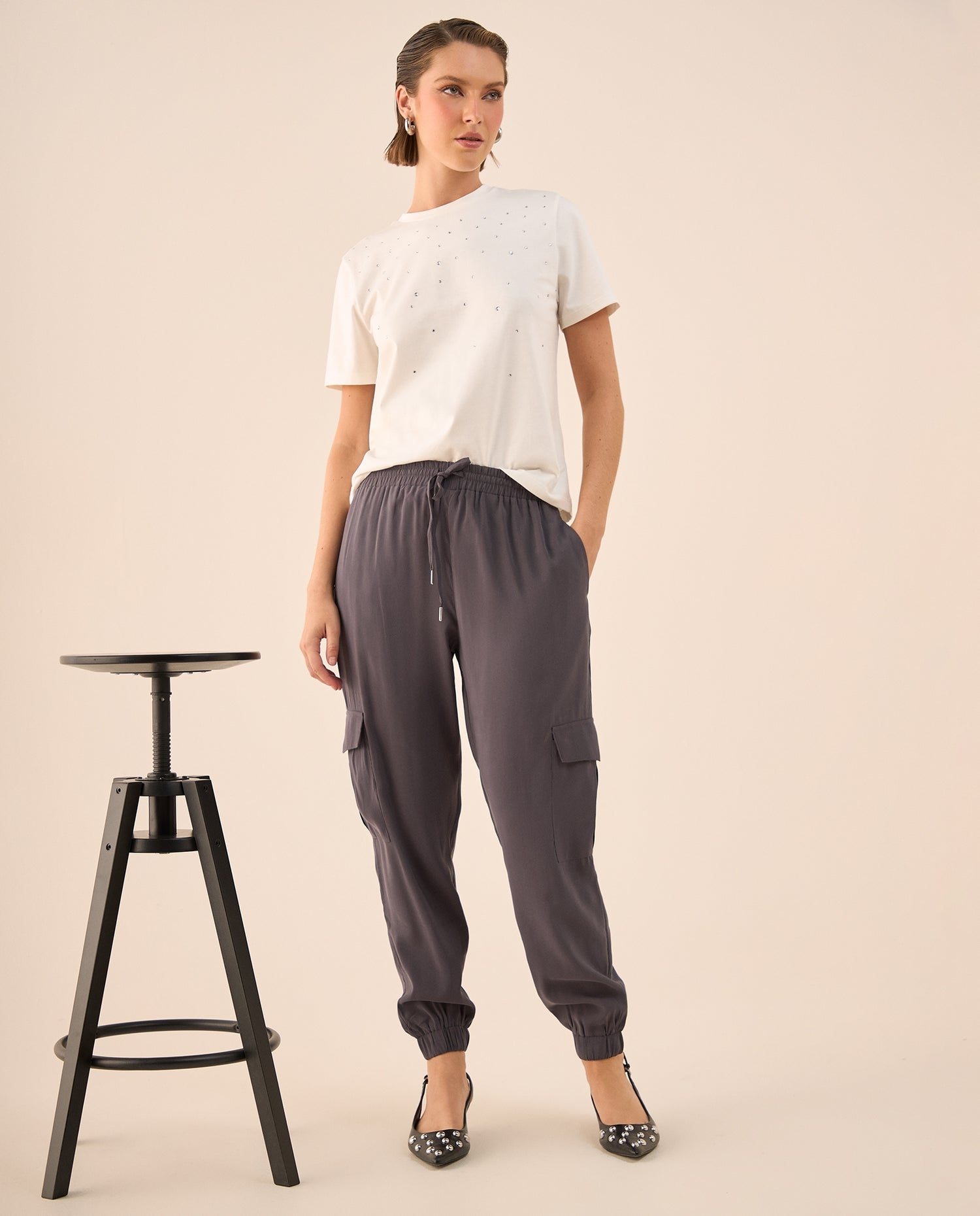 Pantalón Cargo con Cintura Elástica - Gris