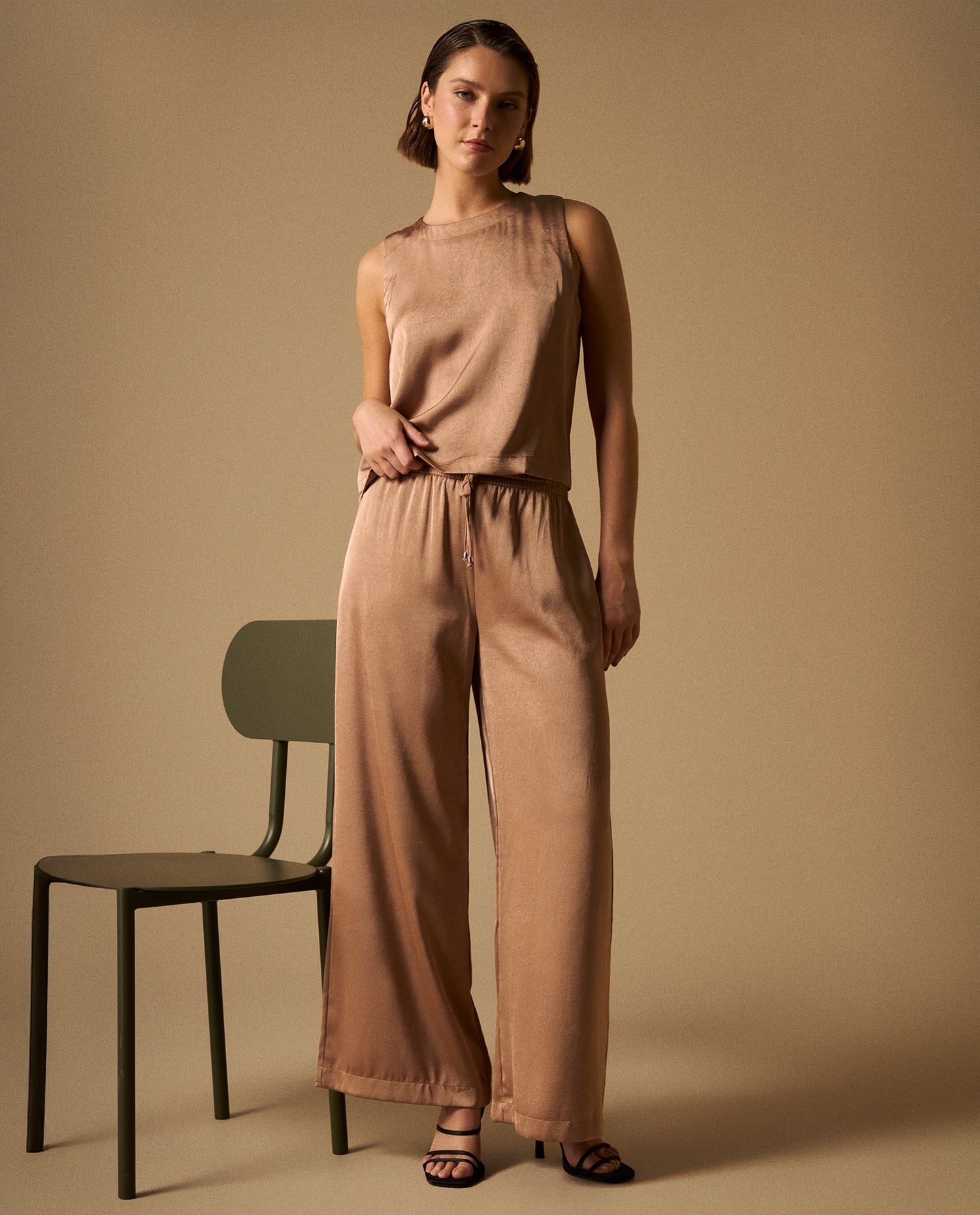 Pantalón Wide Leg con Cordón Ajustable - Café