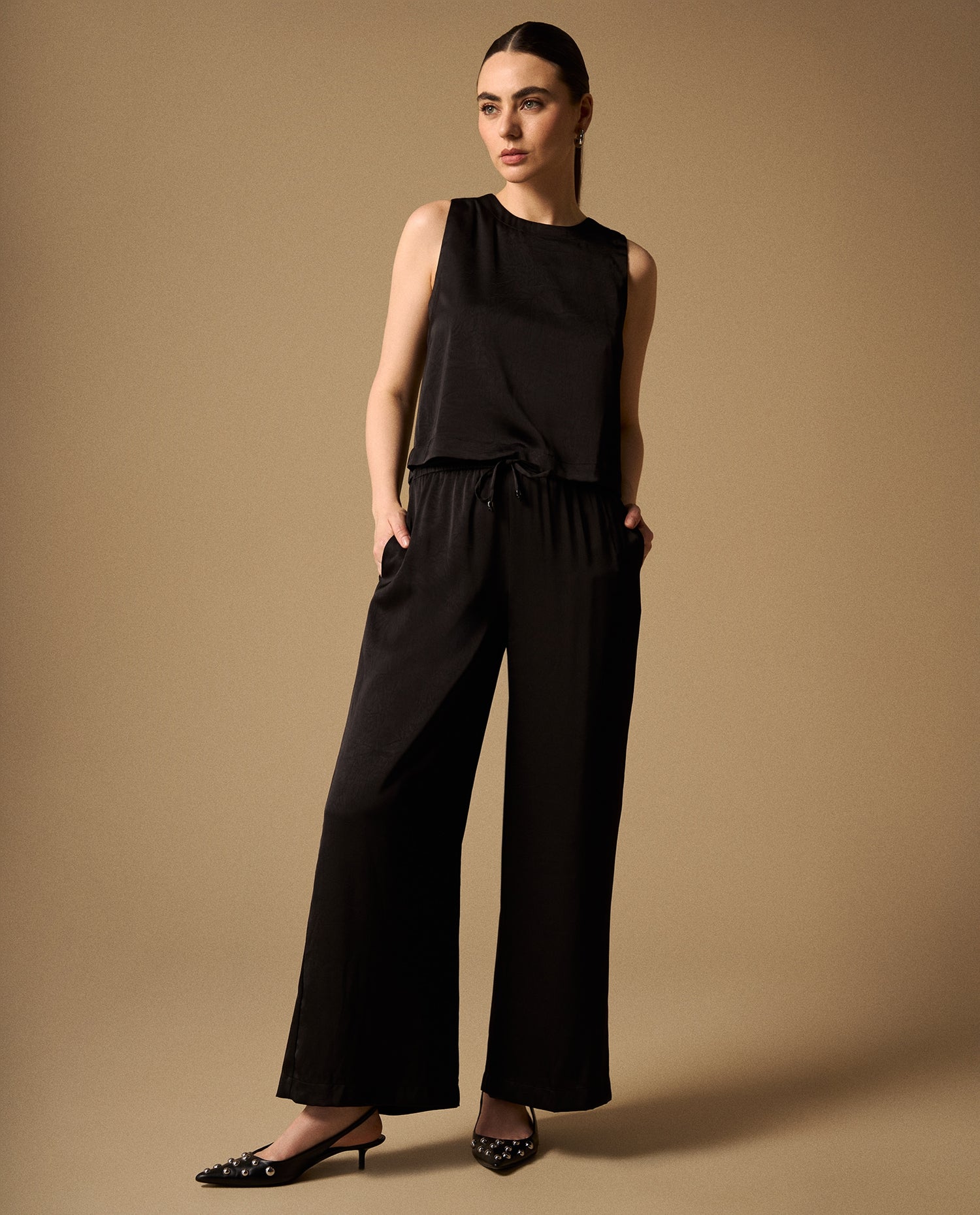 Pantalón Wide Leg con Cordón Ajustable - Negro