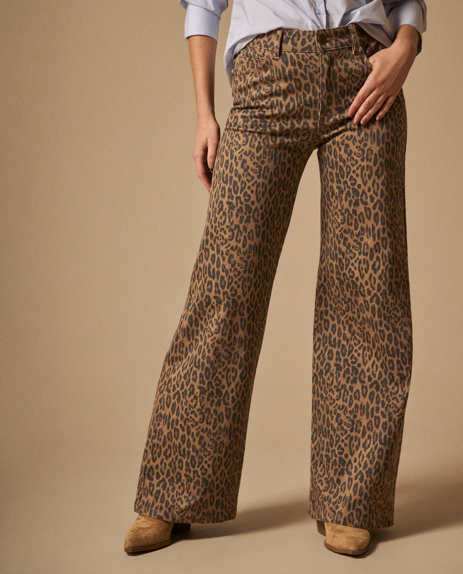 Jean Wide Leg Estampado Leopardo - Beige
