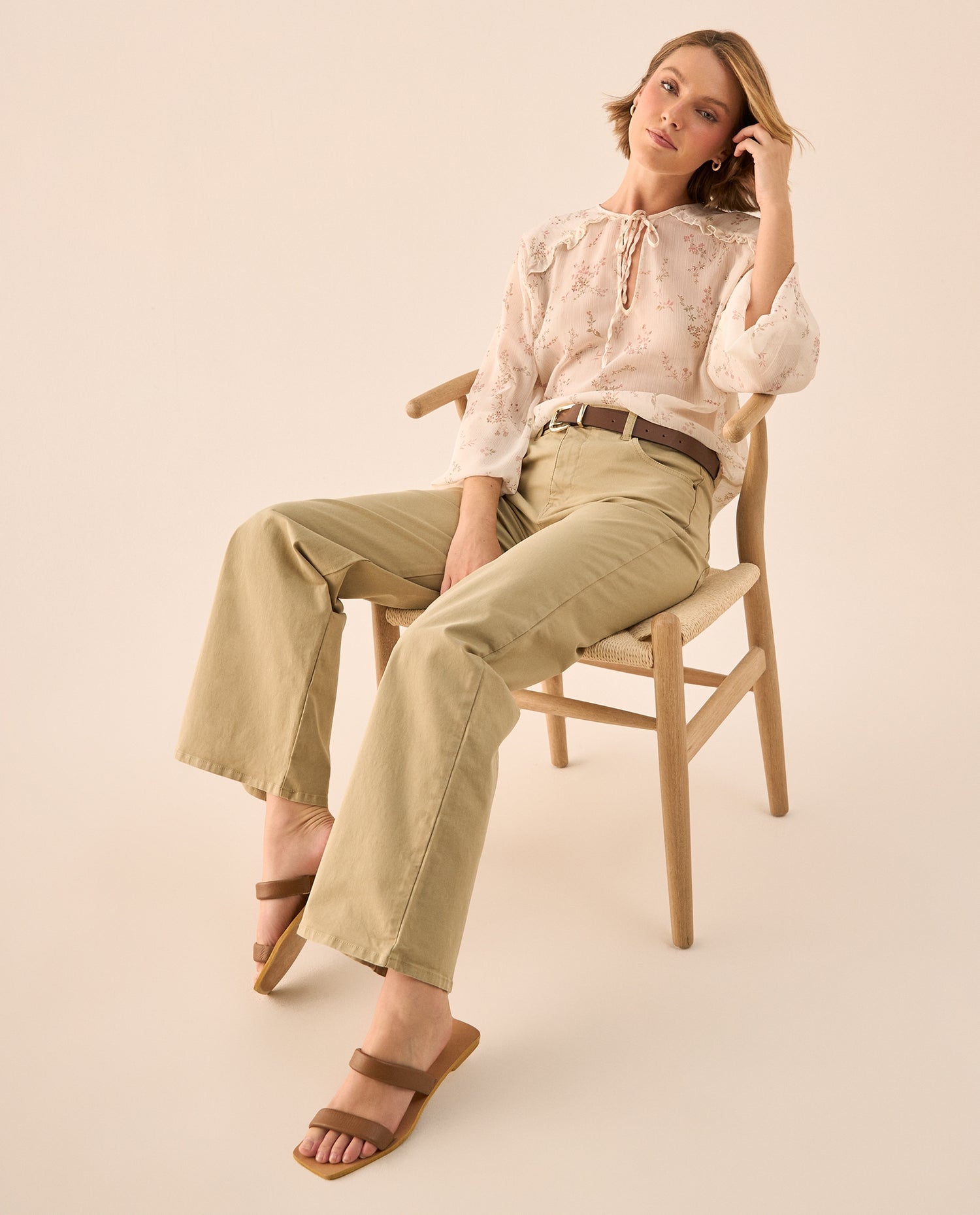 Pantalón Wide Leg Beige con Tiro Alto - Beige