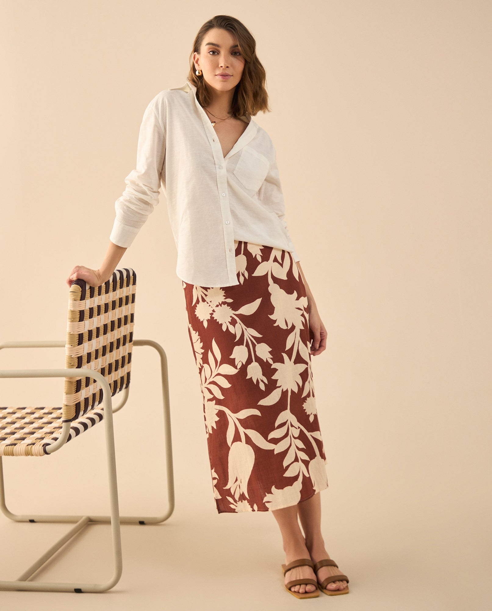 Falda larga con estampado de flores para mujer - Café 34_642G001_CAF191435_0