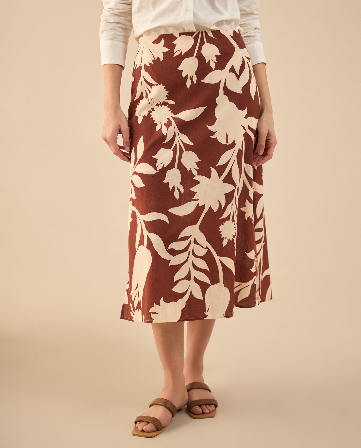 Falda larga con estampado de flores para mujer - Café