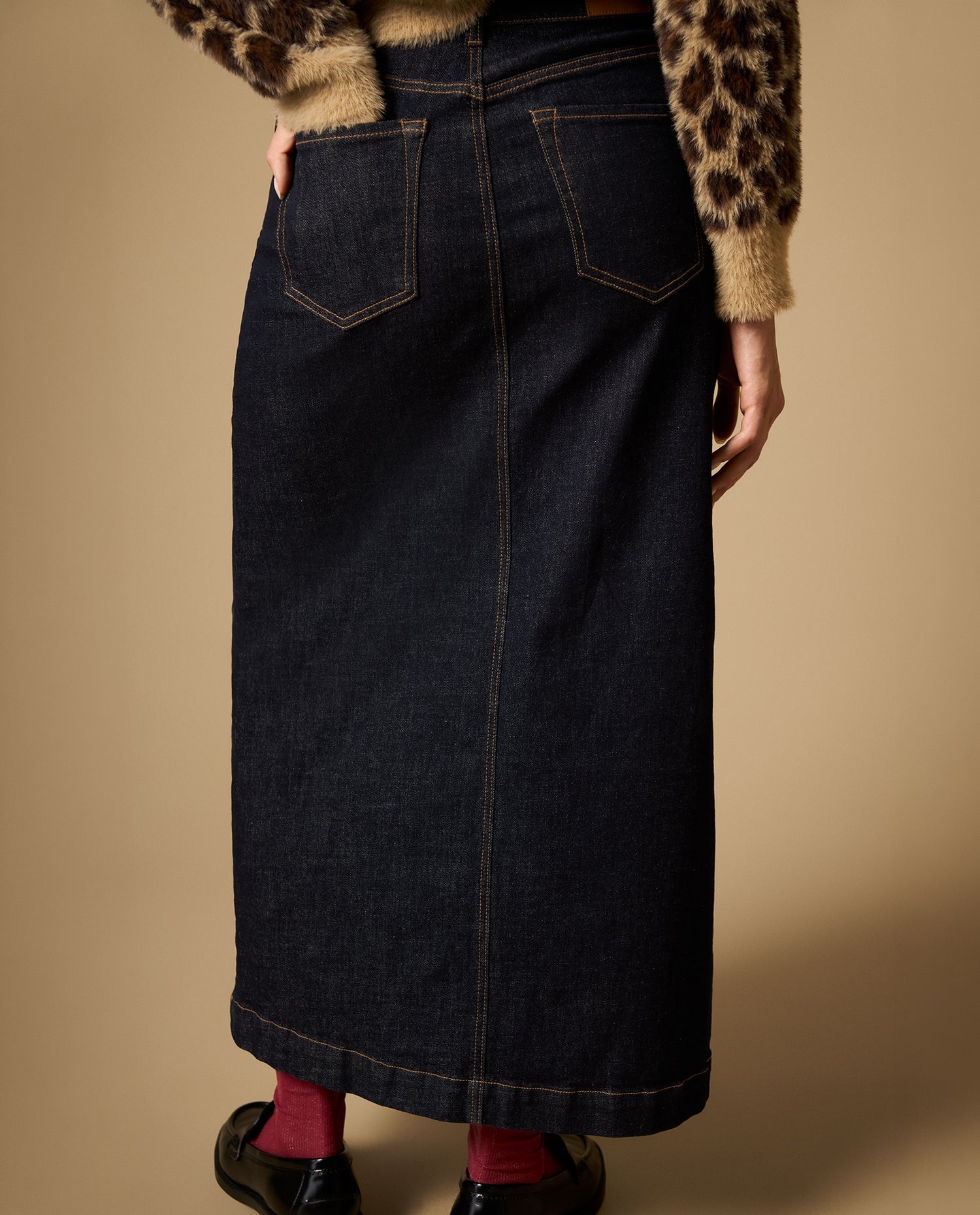 Falda larga denim línea A con abertura frontal - Azul