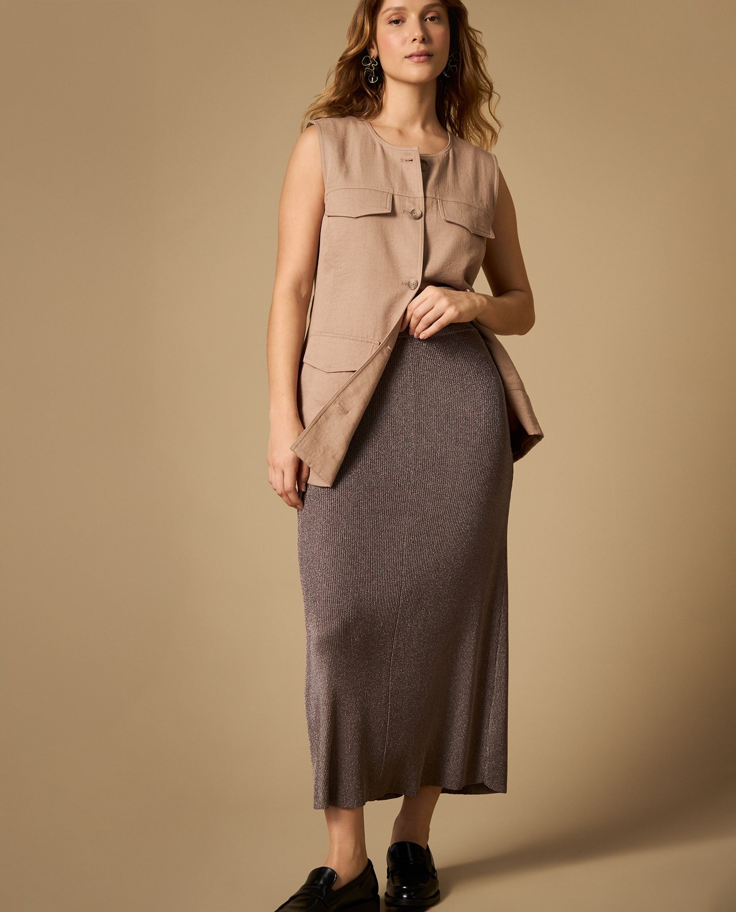 Falda larga tejido acanalado silueta ajustada - Beige