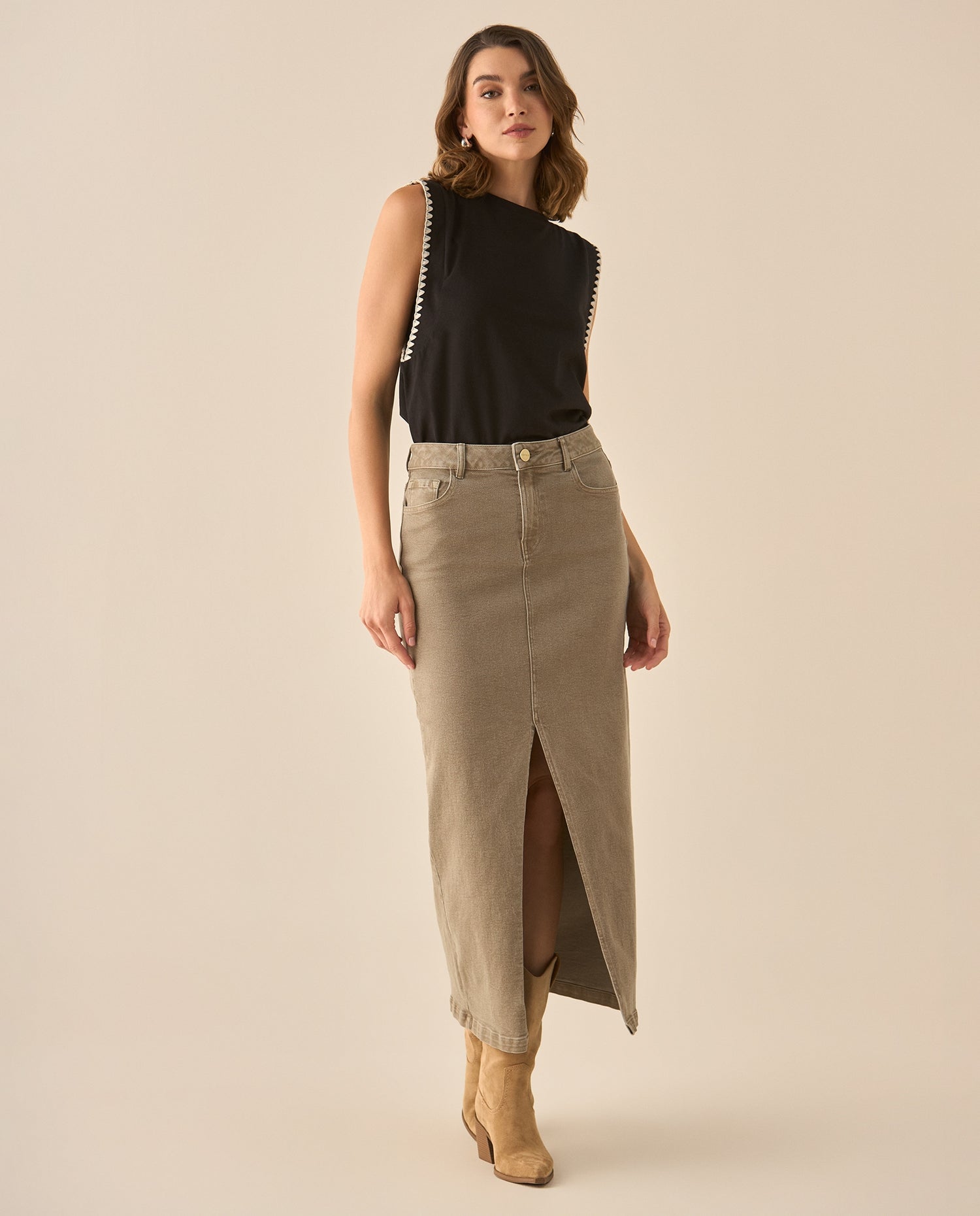 Falda larga cinco bolsillos para mujer - Gris