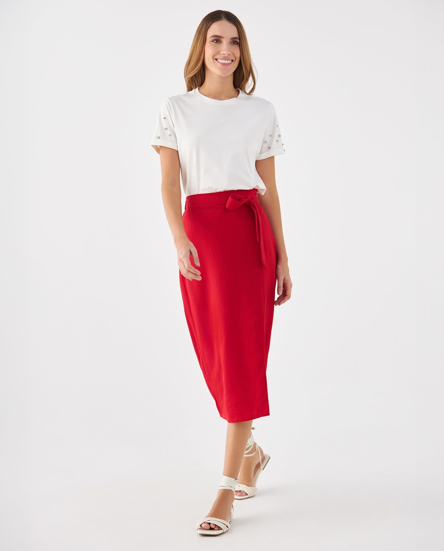 Falda con lazo ajustable en cintura para mujer - Rojo