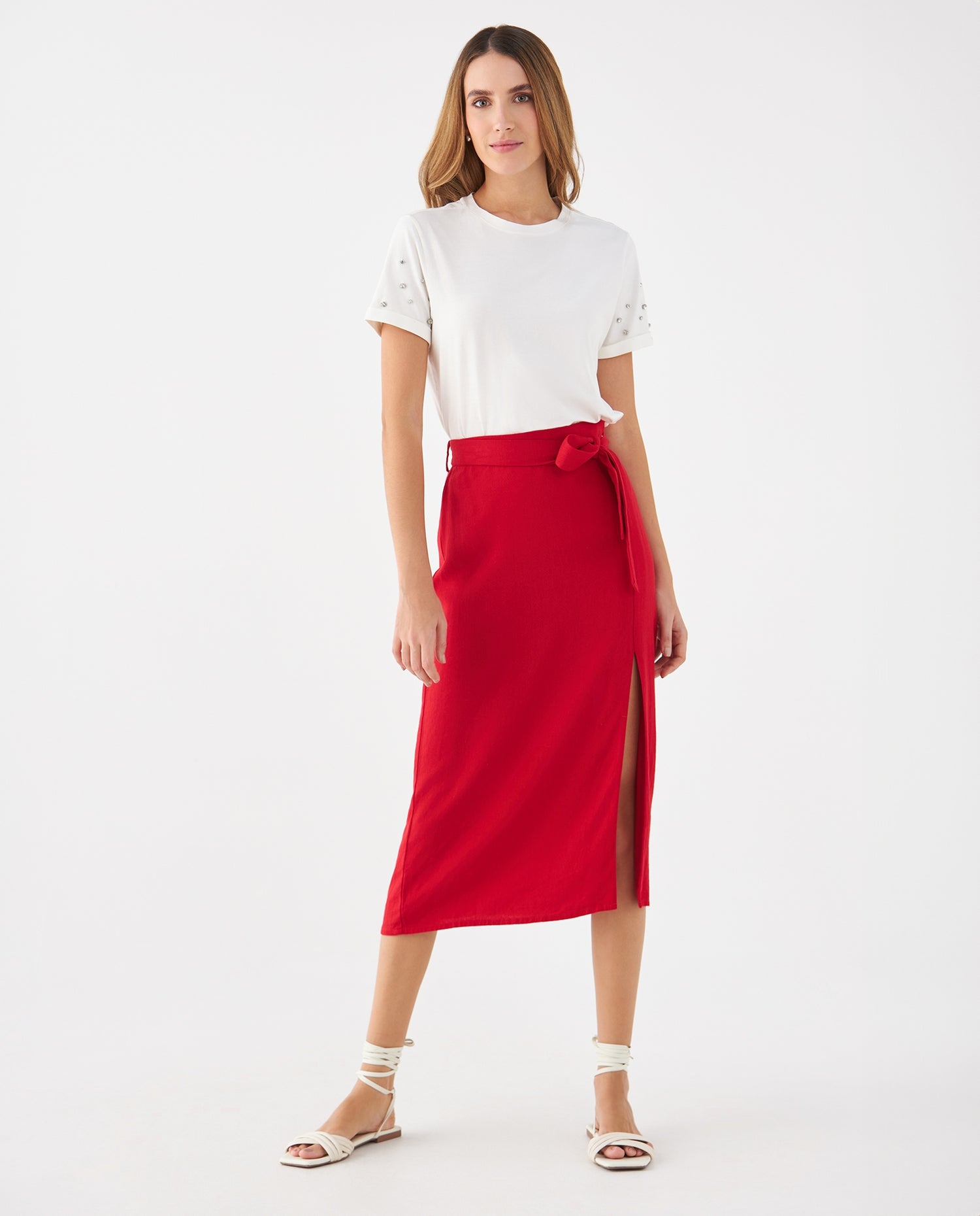 Falda con lazo ajustable en cintura para mujer - Rojo