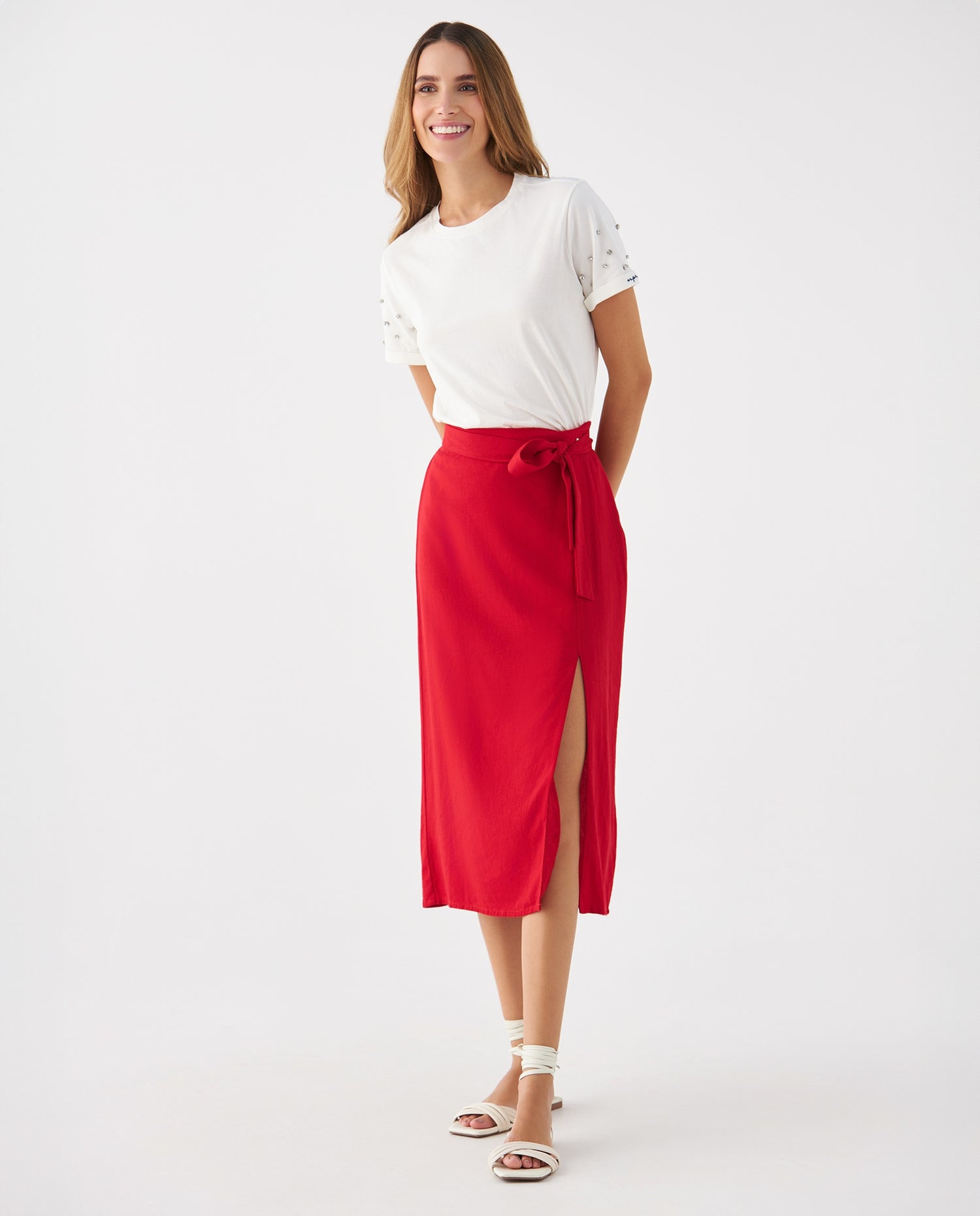 Falda con lazo ajustable en cintura para mujer - Rojo