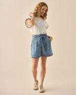 Bermuda en denim con pinzas para mujer  - Azul