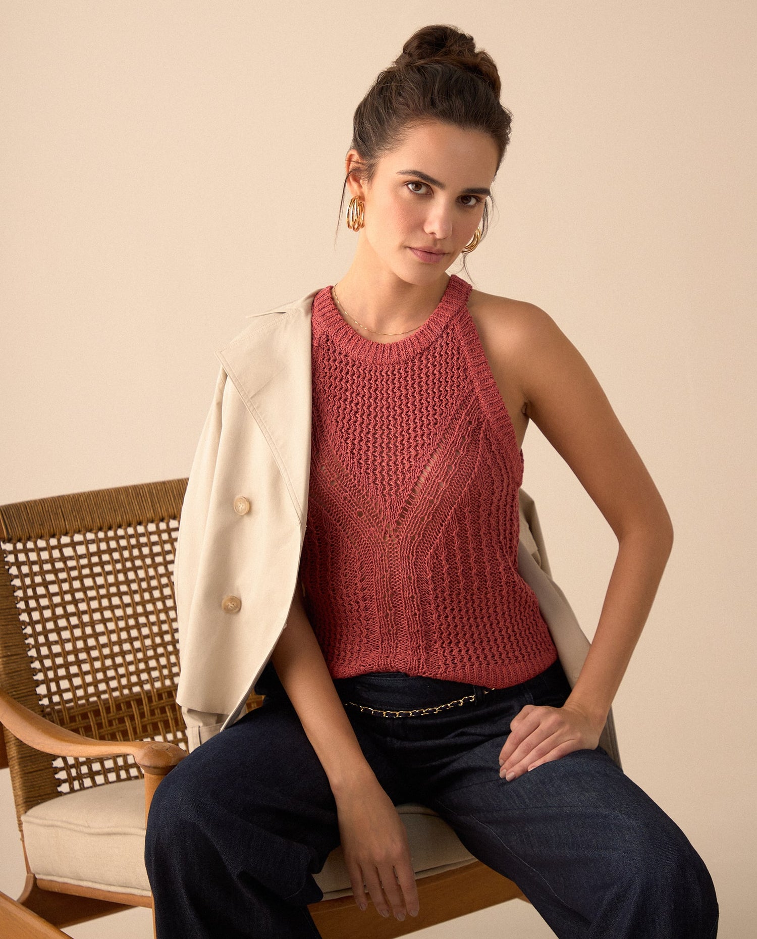 Camisa tejida manga sisa para mujer - Rojo