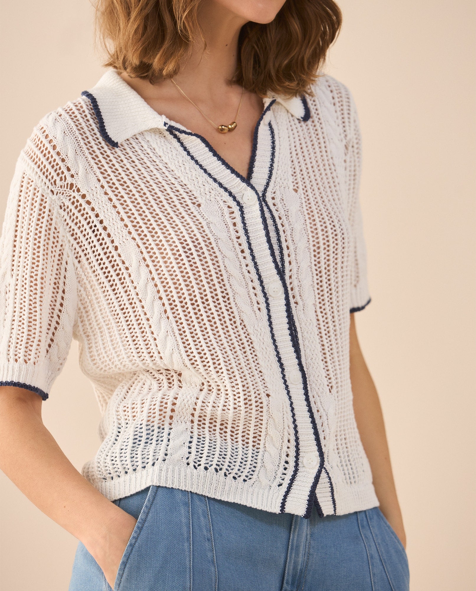 Camisa tejida manga corta para mujer - Crudo 34_661G214_CRU110110_0