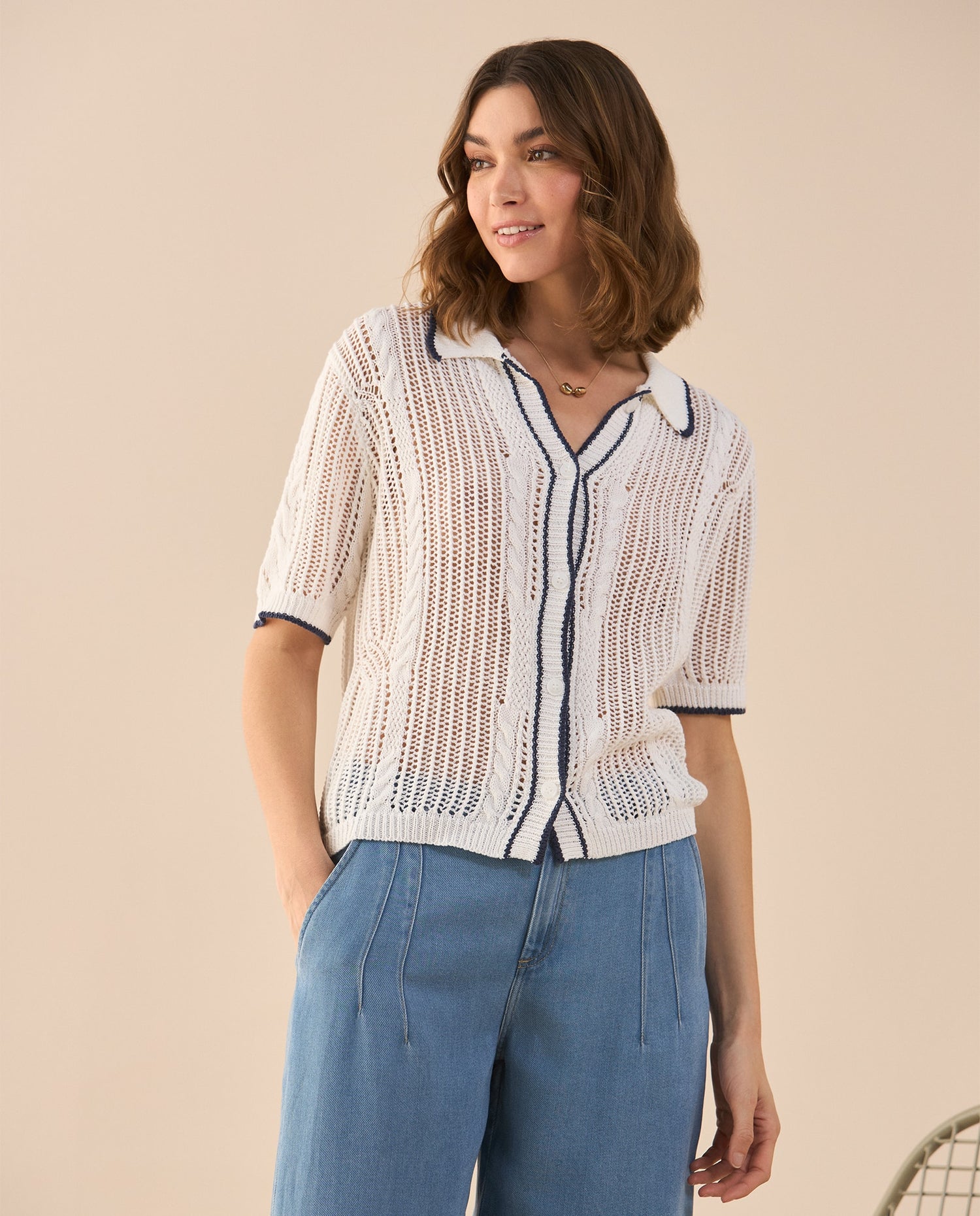 Camisa tejida manga corta para mujer - Crudo