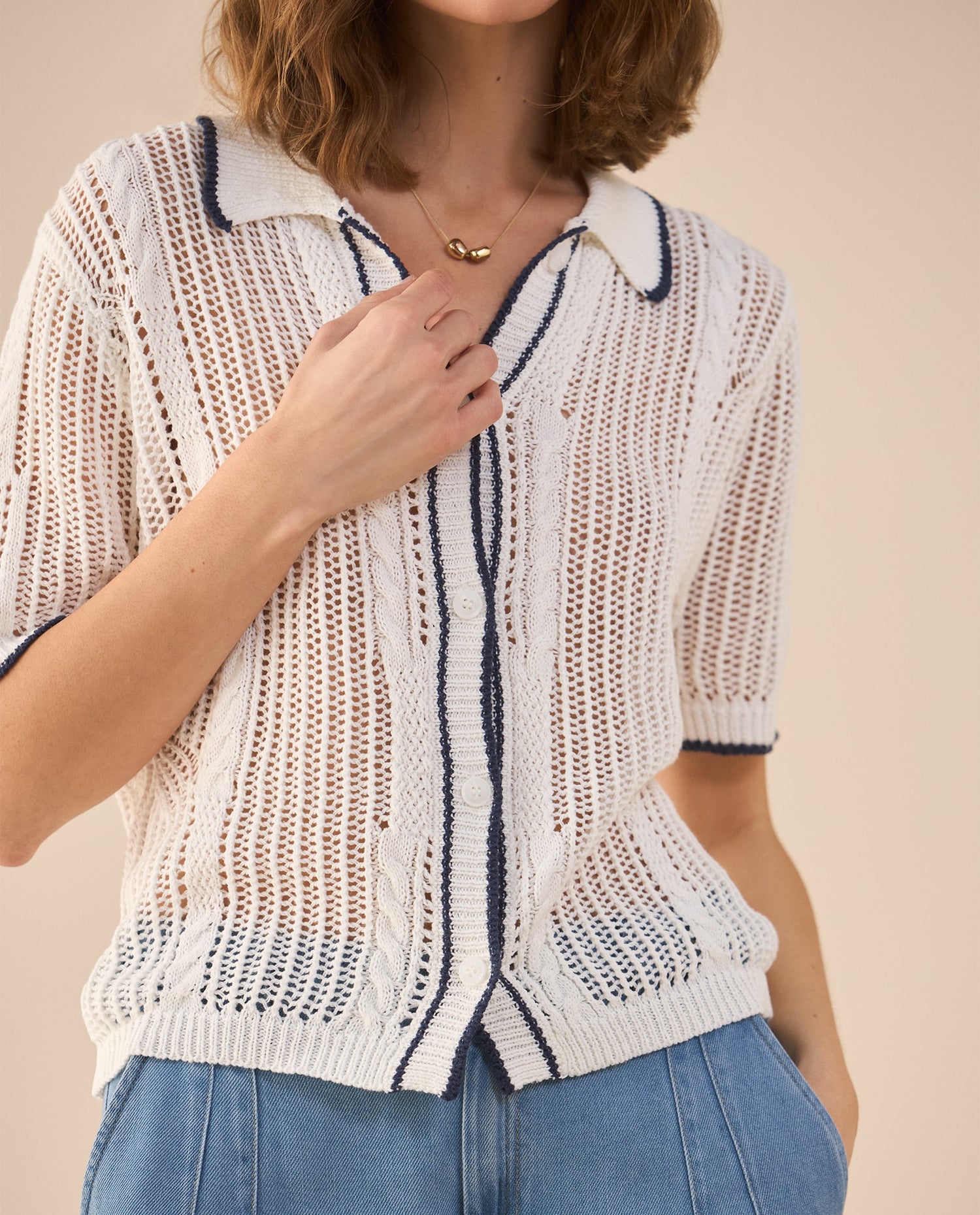 Camisa tejida manga corta para mujer - Crudo