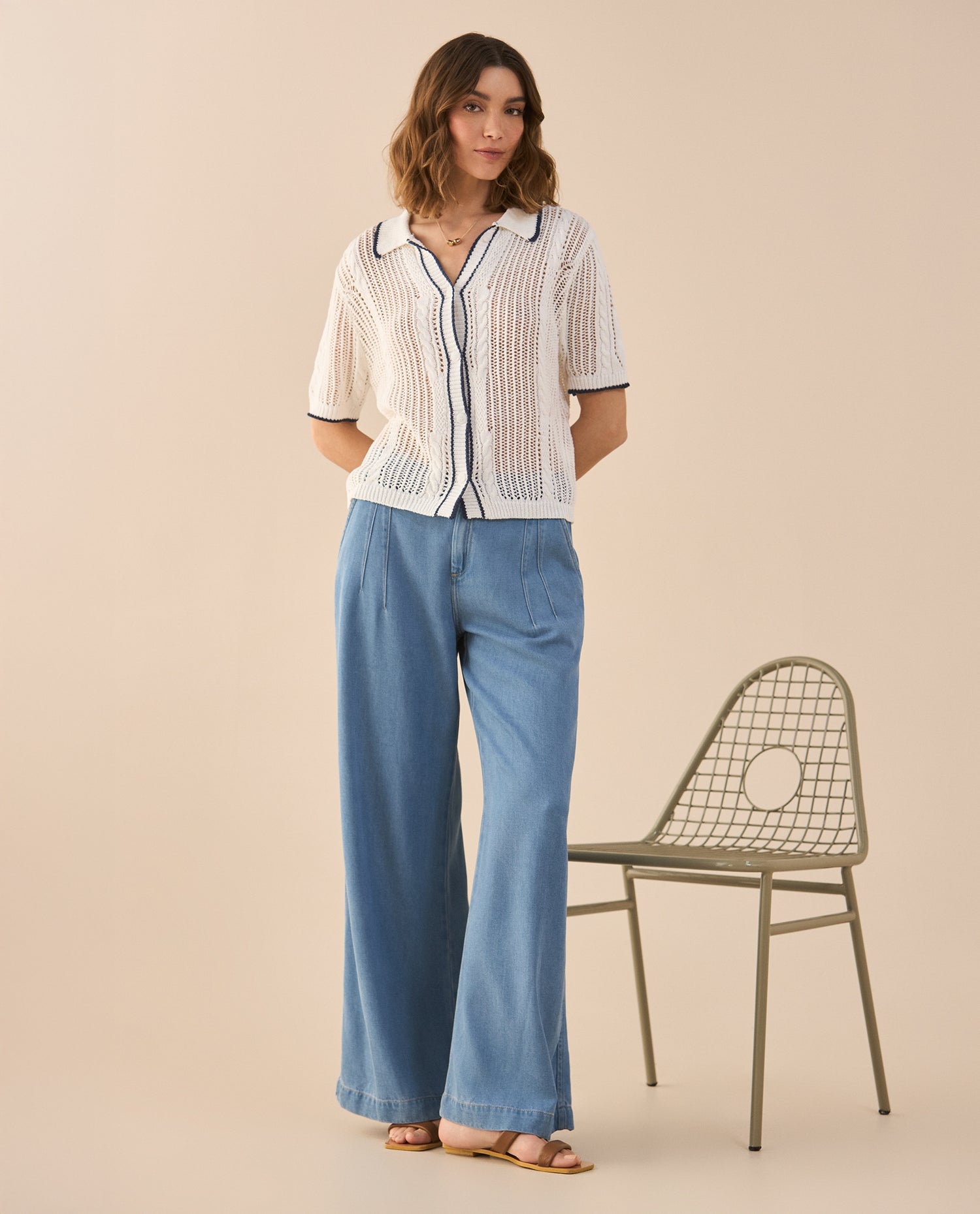 Camisa tejida manga corta para mujer - Crudo