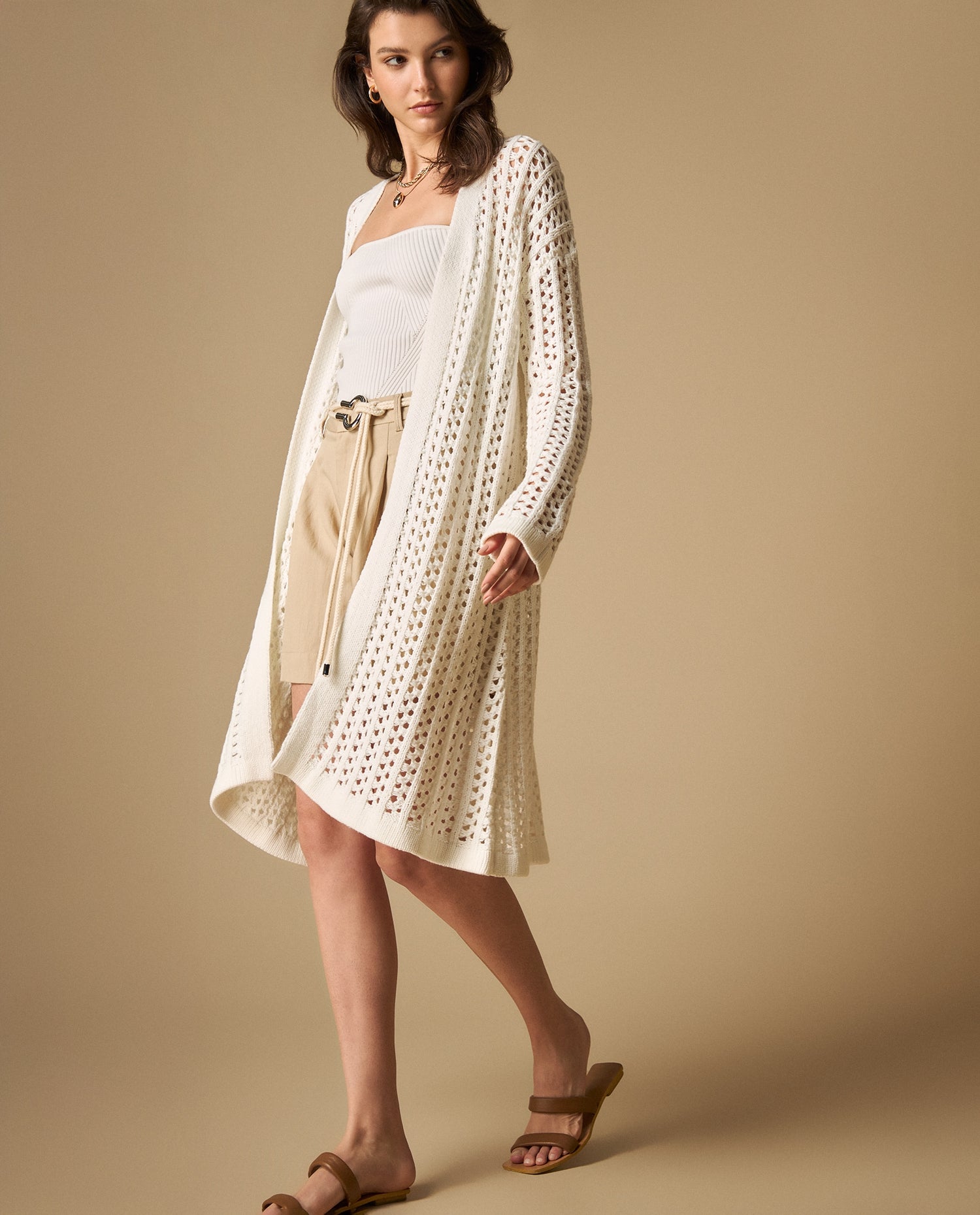 Cardigan tejido manga larga cuello redondo - Crudo