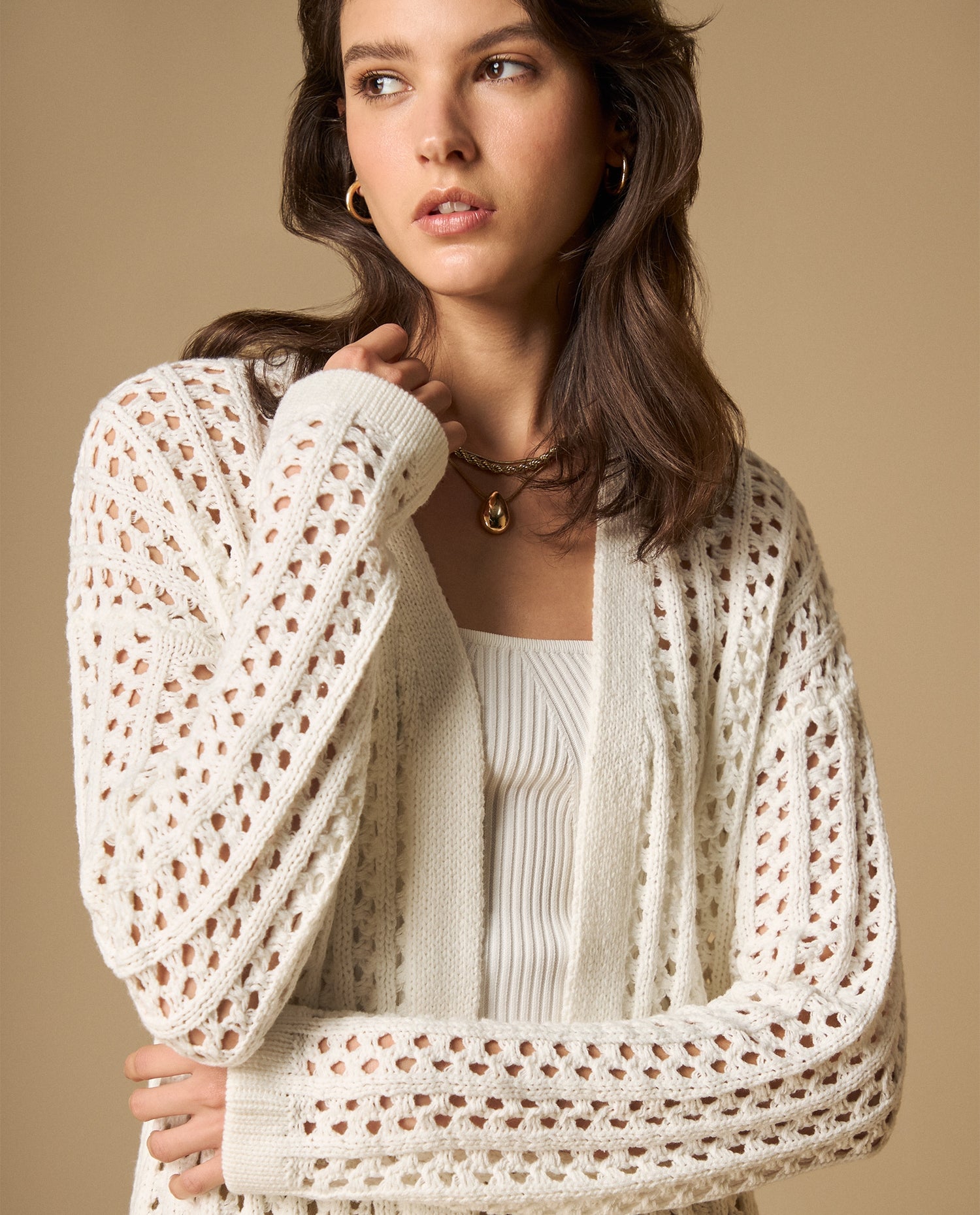 Cardigan tejido manga larga cuello redondo - Crudo