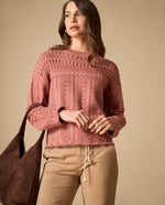 Suéter tejido con textura y trenzas cuello redondo - Rosa