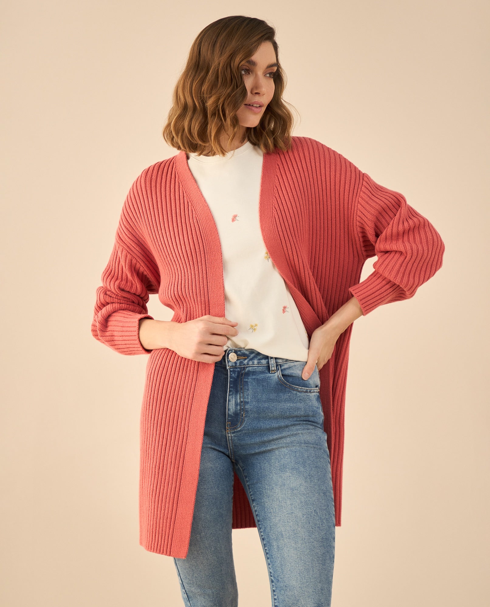 Cárdigan tejido de diseño abierto para mujer - Rosa 34_662G200_ROS171644_0