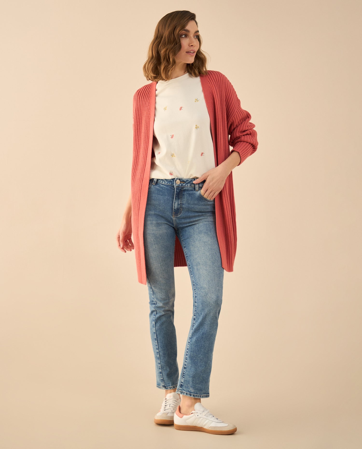 Cárdigan tejido de diseño abierto para mujer - Rosa