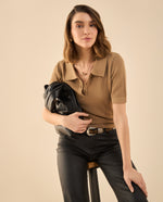 Camisa tejida tipo polo para mujer - Café