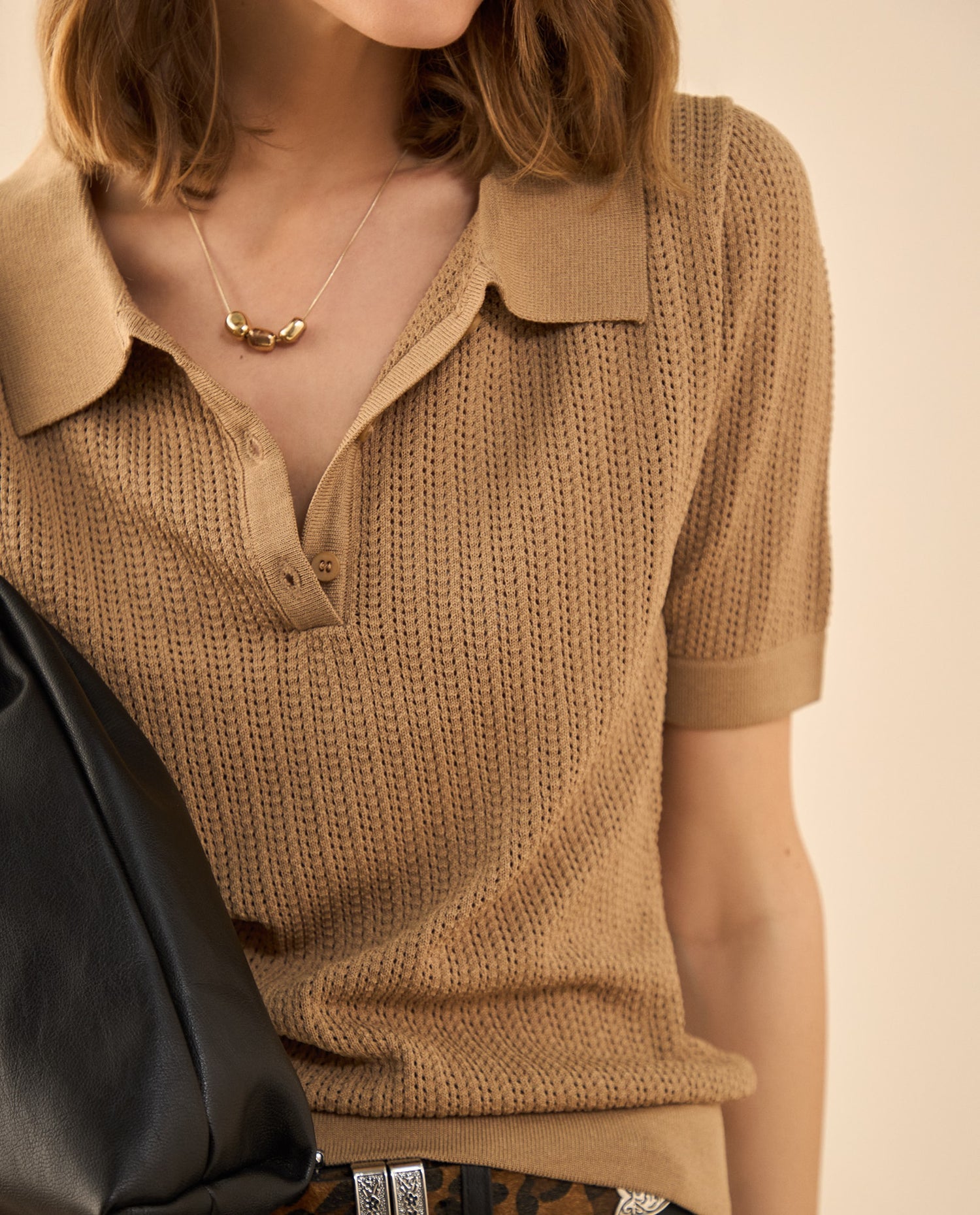 Camisa tejida tipo polo para mujer - Café