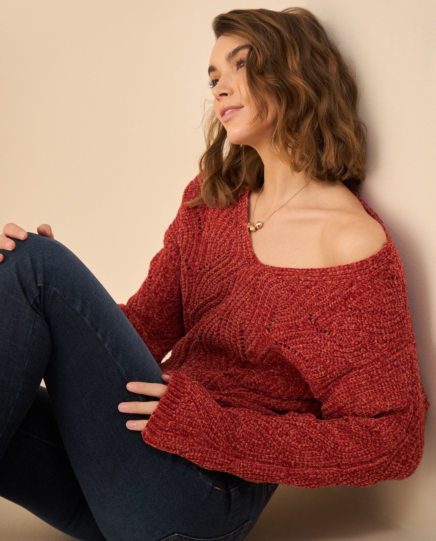 Buzo tejido con escote en V para mujer - Rojo