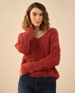Buzo tejido con escote en V para mujer - Rojo