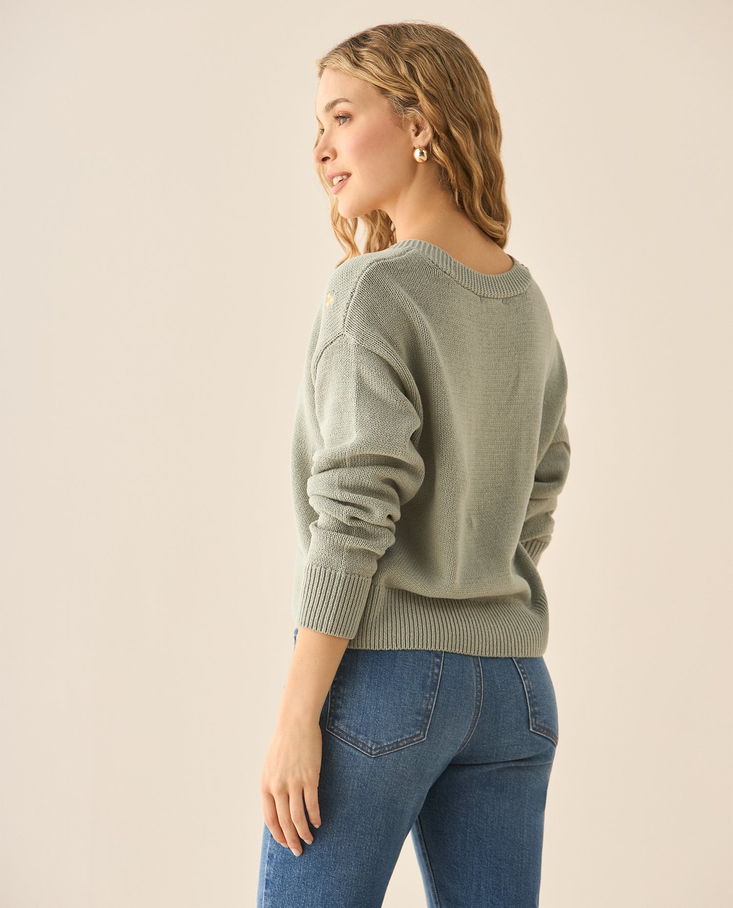 Suéter tejido con detalles bordados para mujer  - Verde